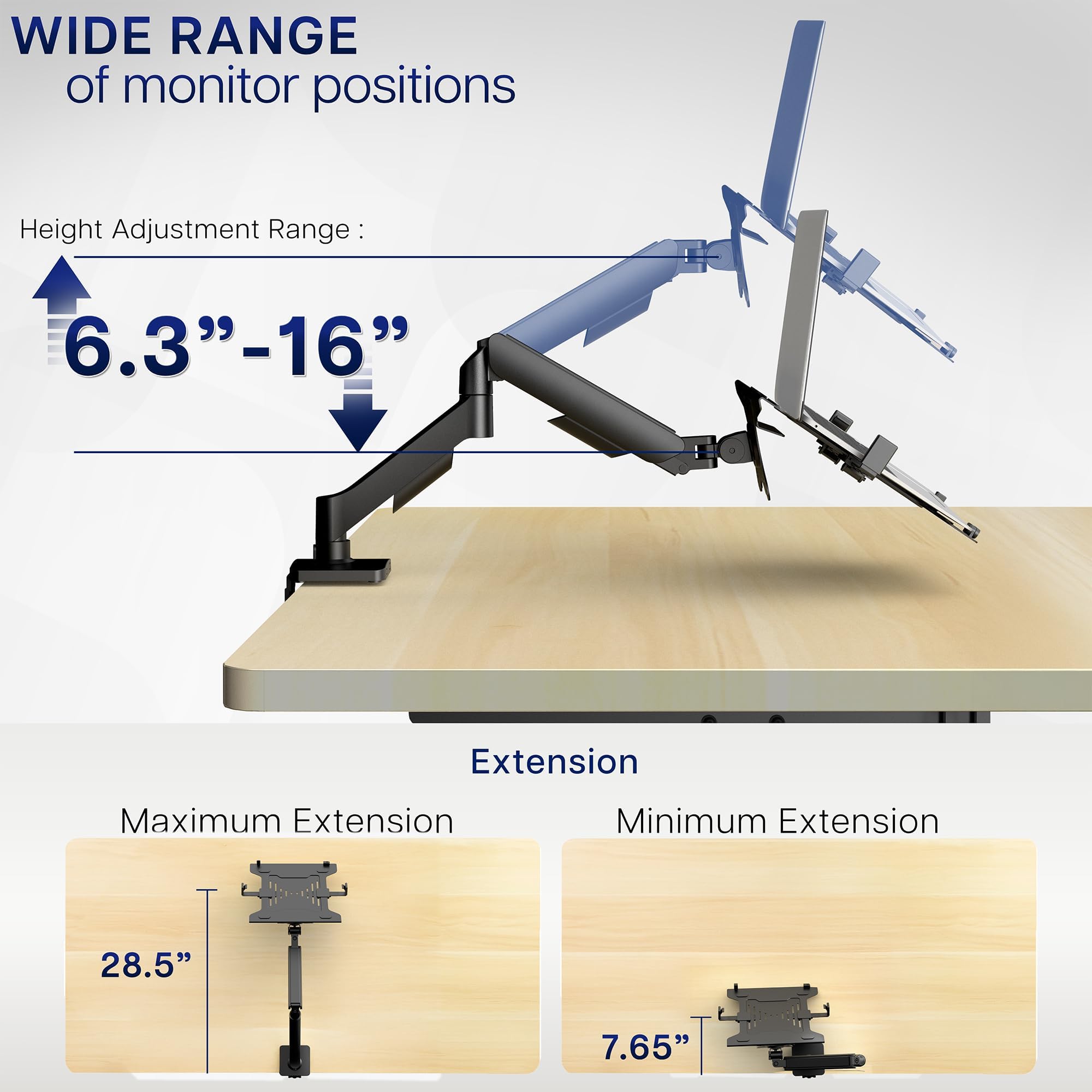 Mechanical Arm Single Laptop Desk Mount with height adjustment and extension capabilities on a desk.