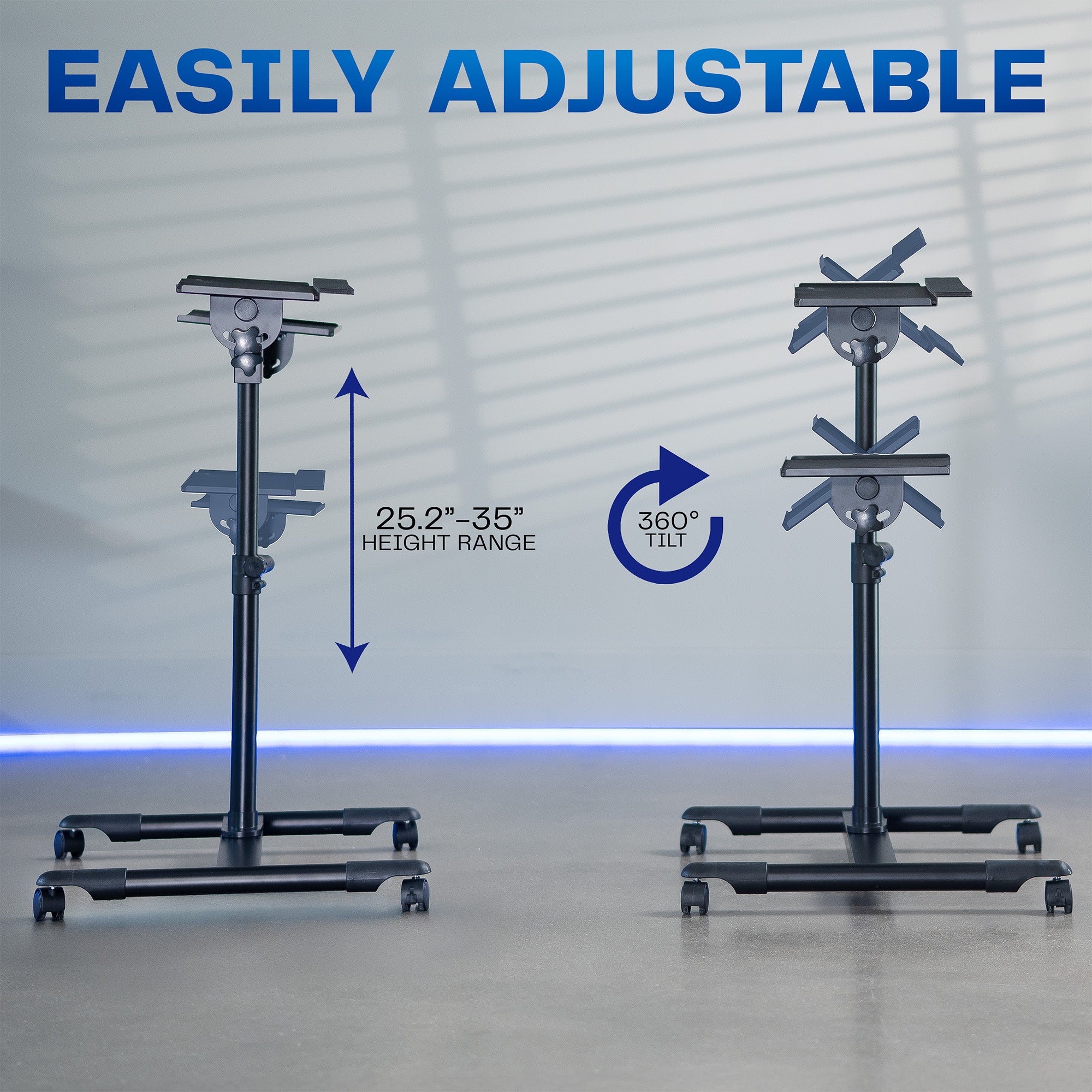 Easily adjustable stand with height range and tilt features on a gray background