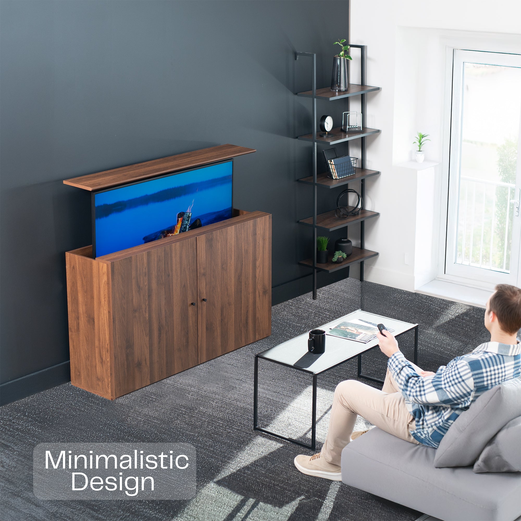A walnut brown TV lift cabinet with a flat-screen TV mounted on top.