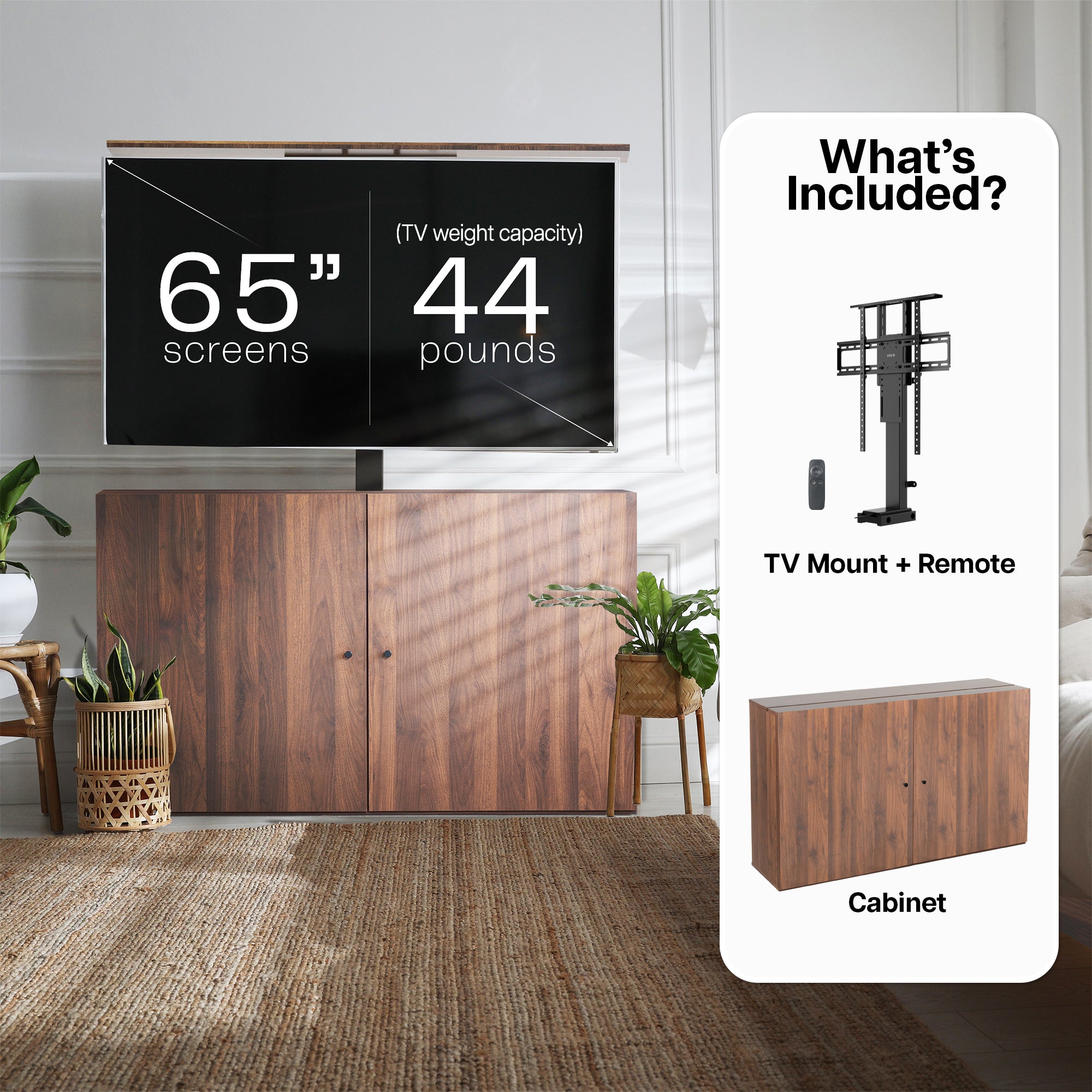 Wooden TV cabinet with a flat-screen TV mounted on it.