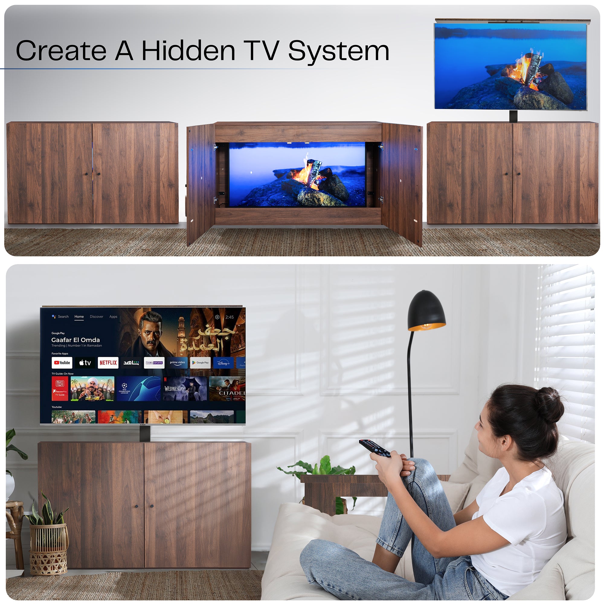 Wooden cabinet with hidden TV system and woman using remote control in living room.