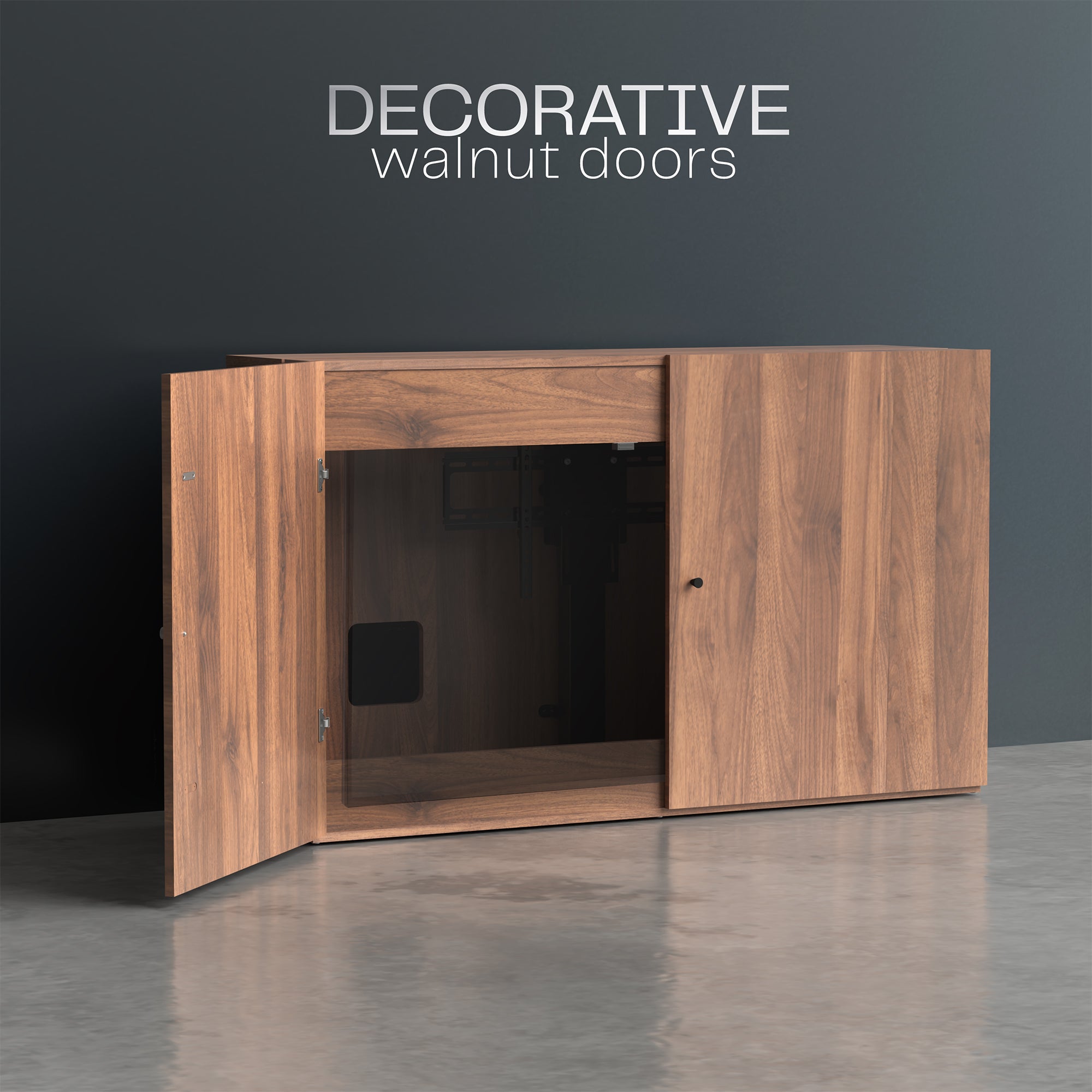Wooden cabinet with decorative walnut doors on a gray background