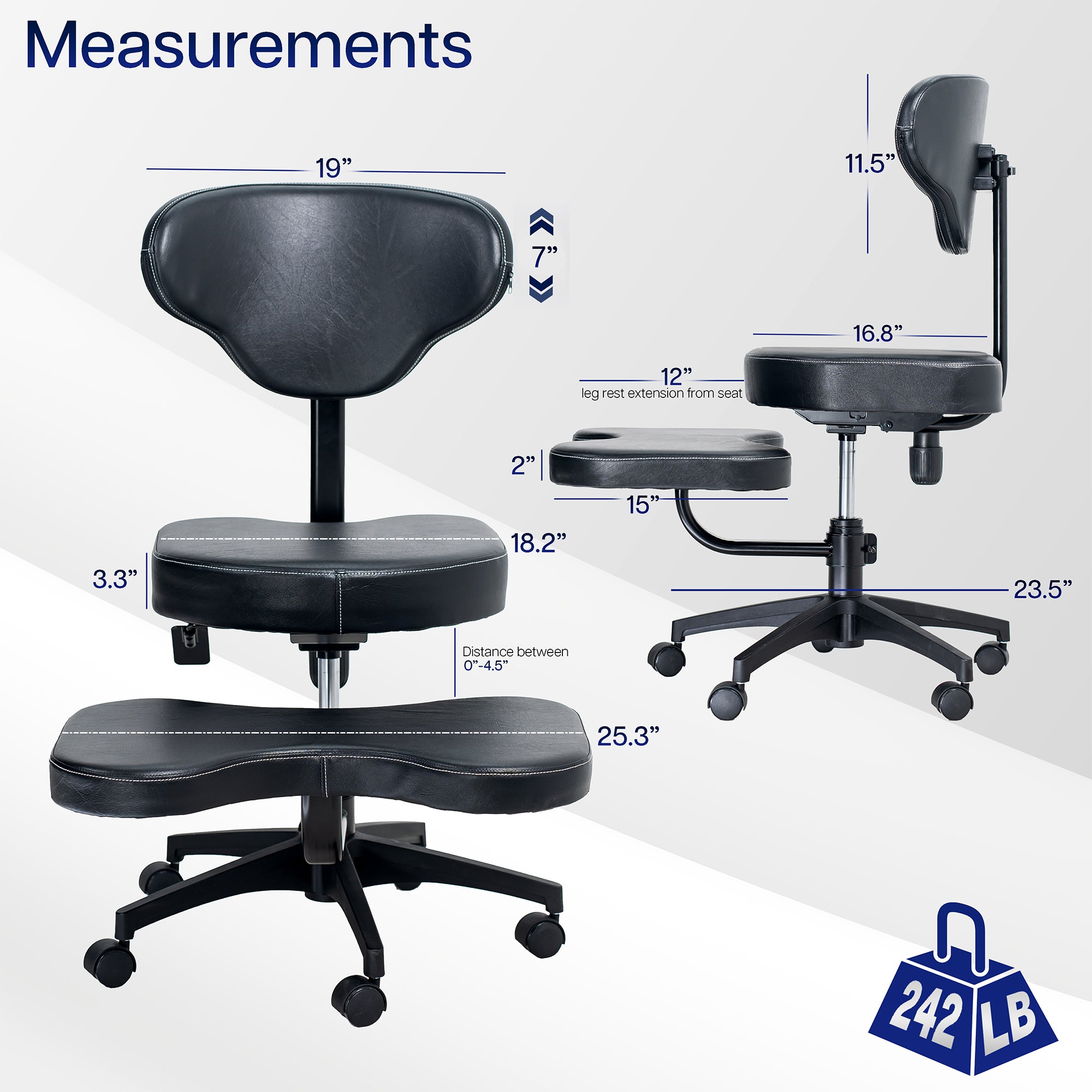Measurement chart of a black office kneeling chair with various dimensions labeled.
