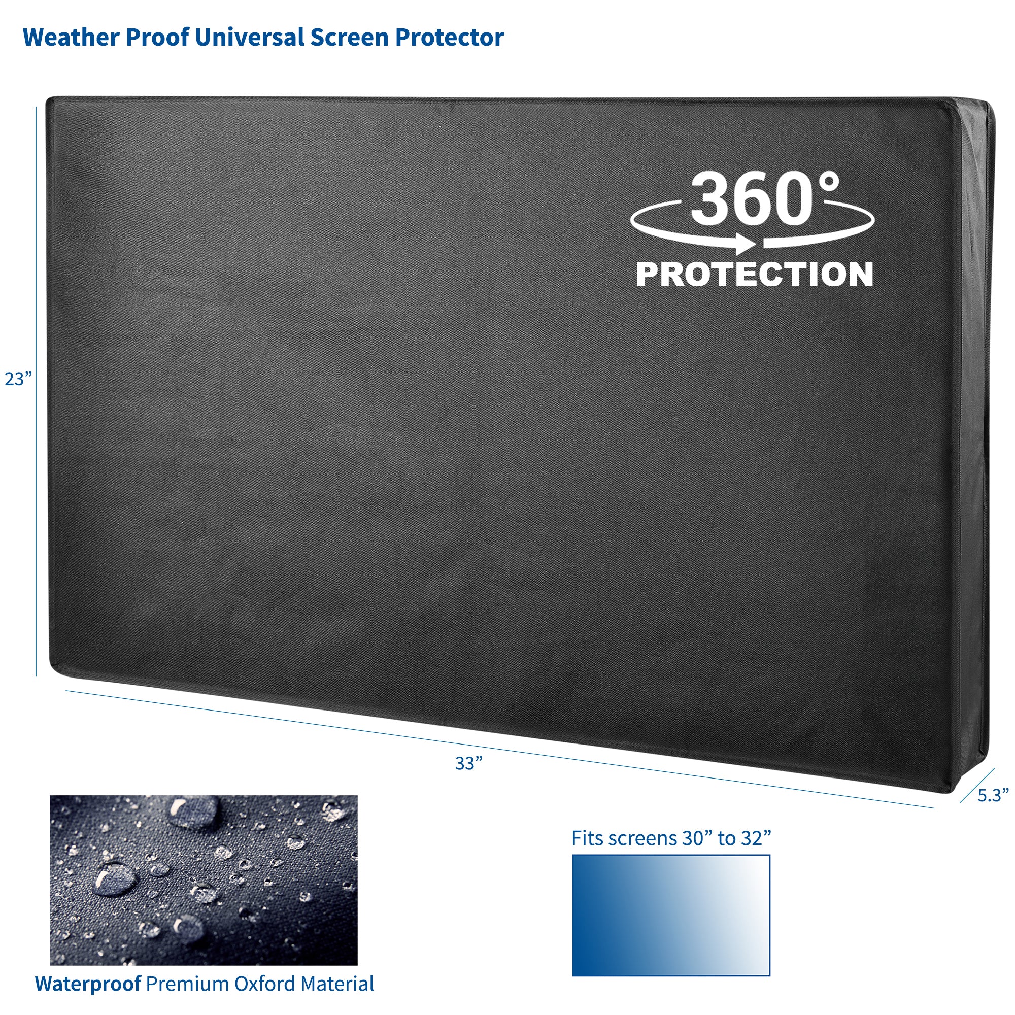 Black weatherproof universal screen protector with 360° Protection logo and dimensions on a white background.