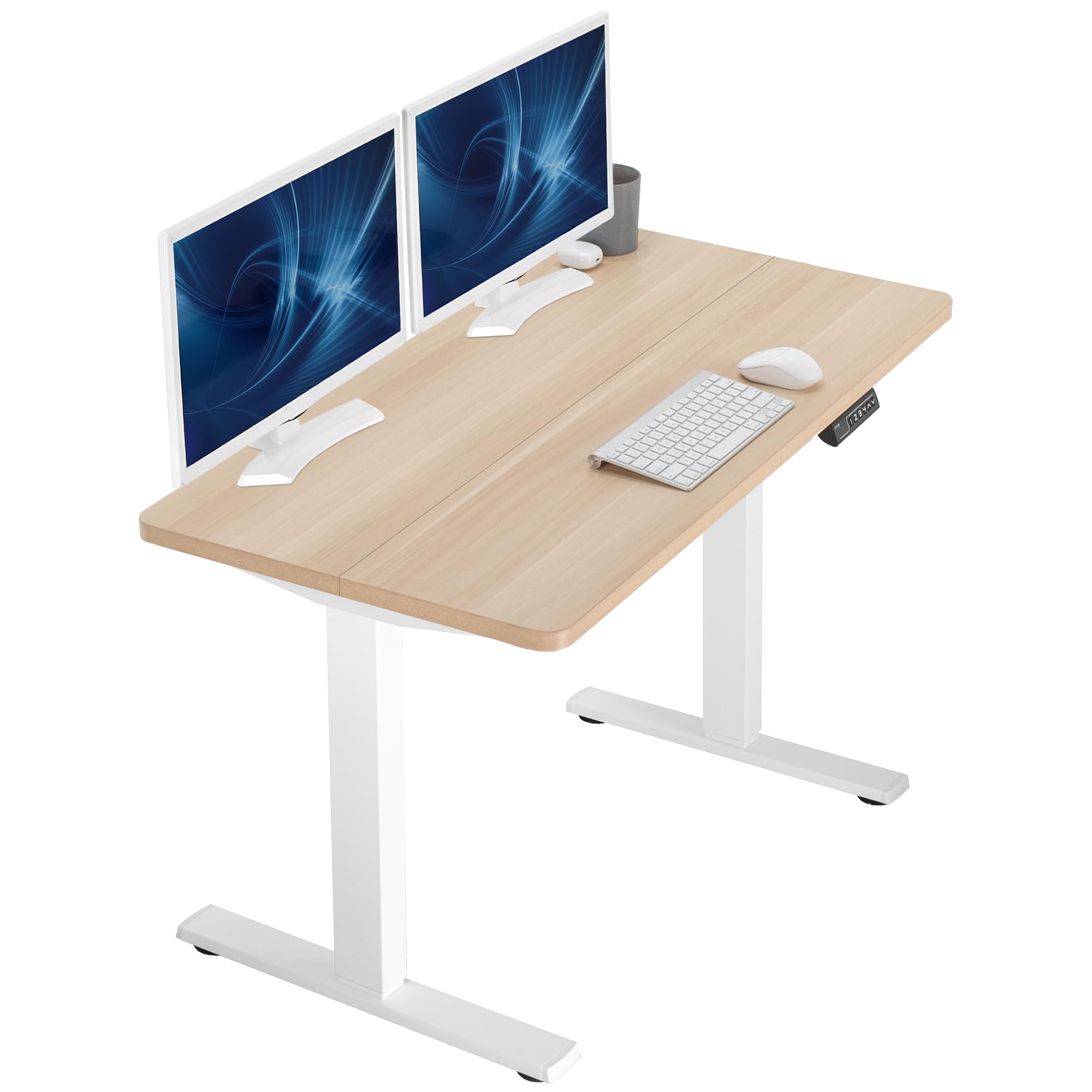 Light wood desk top with white frame with two computer monitors, keyboard, and mouse on a white background