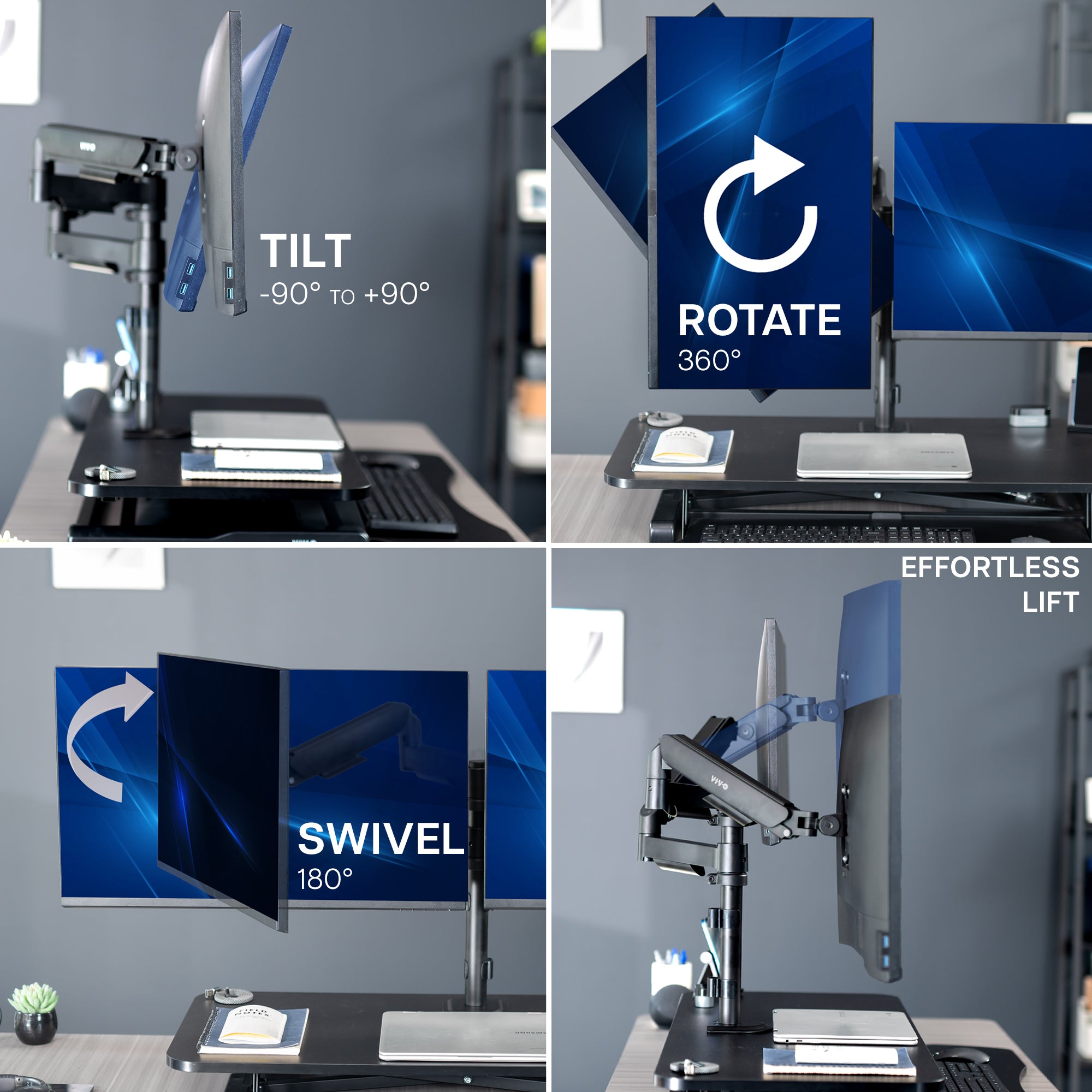Height adjustable desk riser with articulating mechanical dual monitor mount.