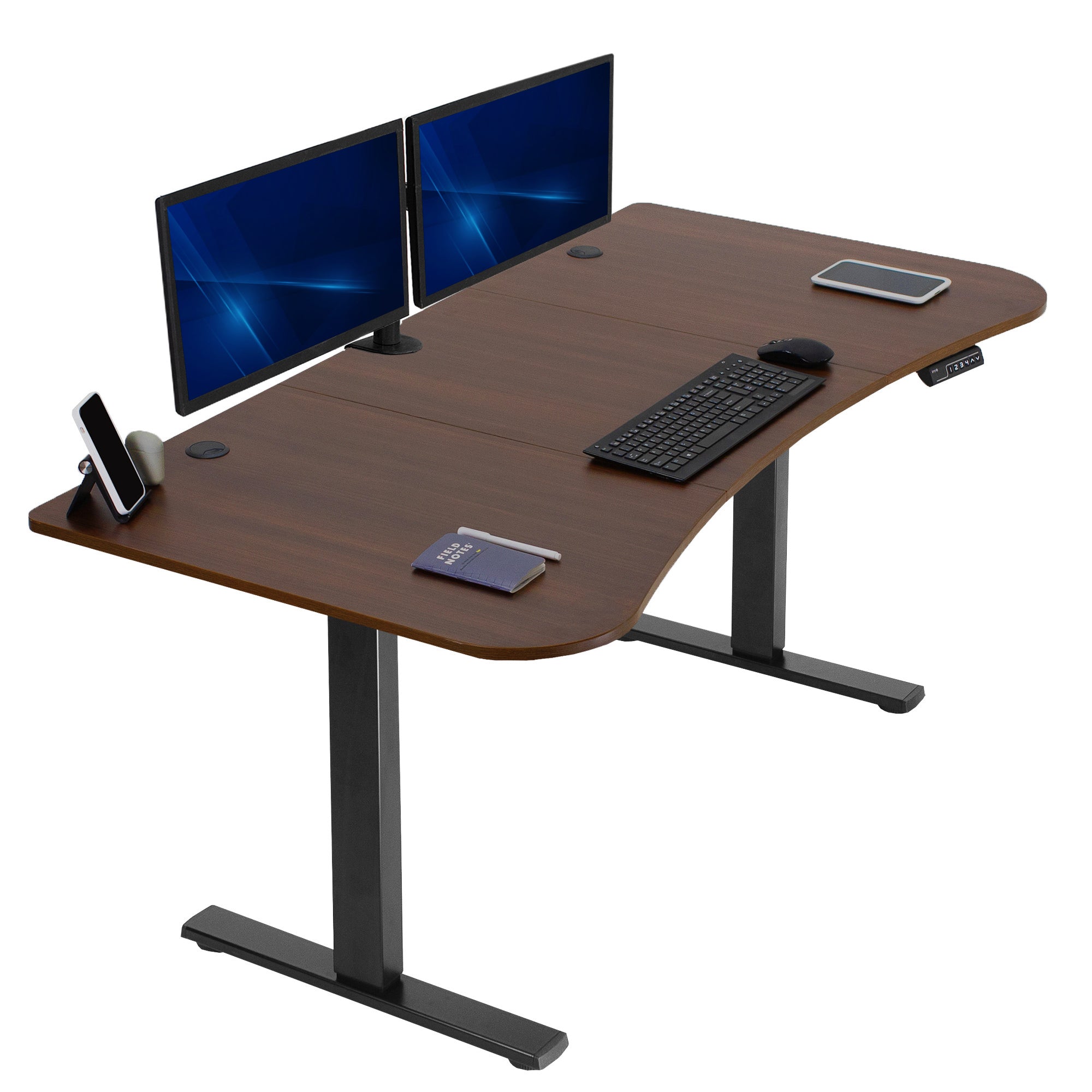 Dark walnut, electric, sit to stand, height adjustable desk.