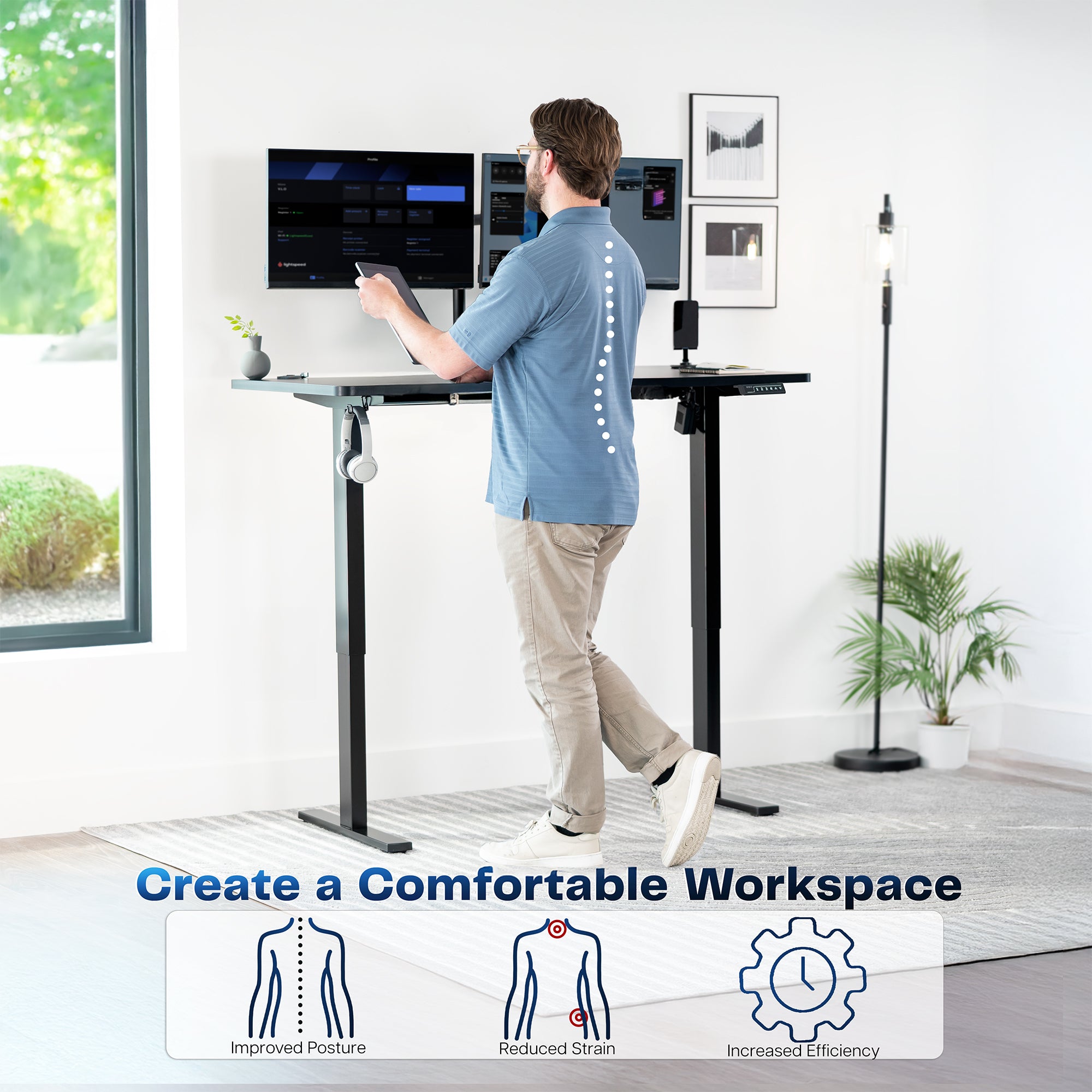 Sturdy ergonomic sit or stand active desk workstation with adjustable height using smart control panel.
