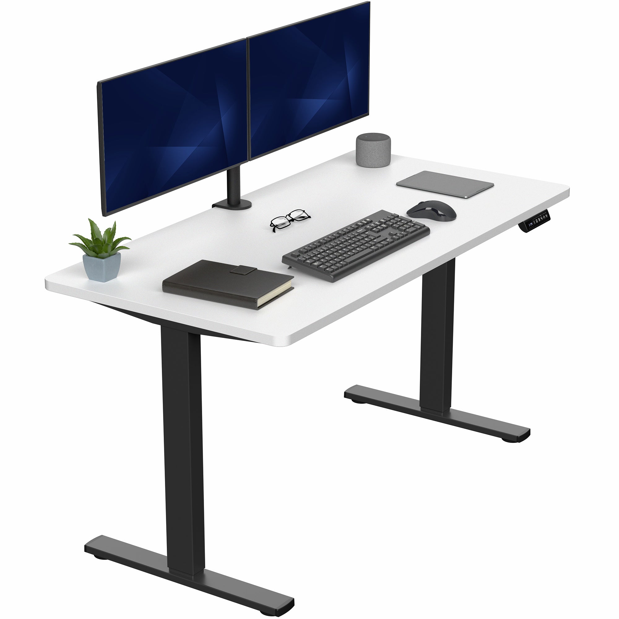 Sturdy ergonomic sit or stand active desk workstation with adjustable height using smart control panel.