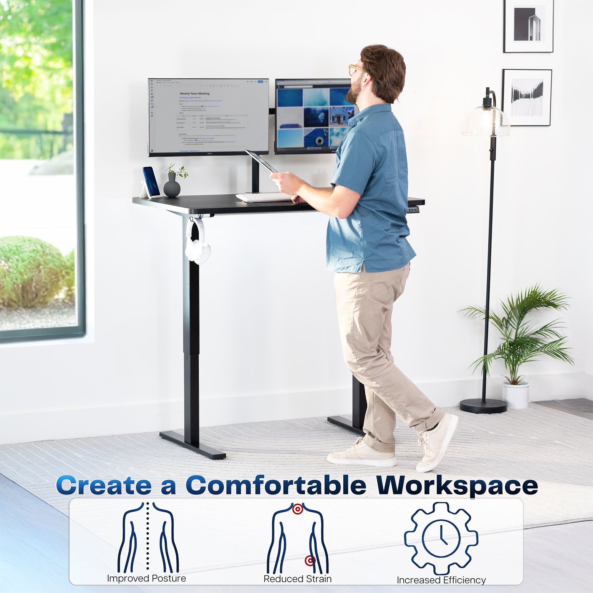 Sturdy ergonomic sit or stand active desk workstation with adjustable height using smart control panel.