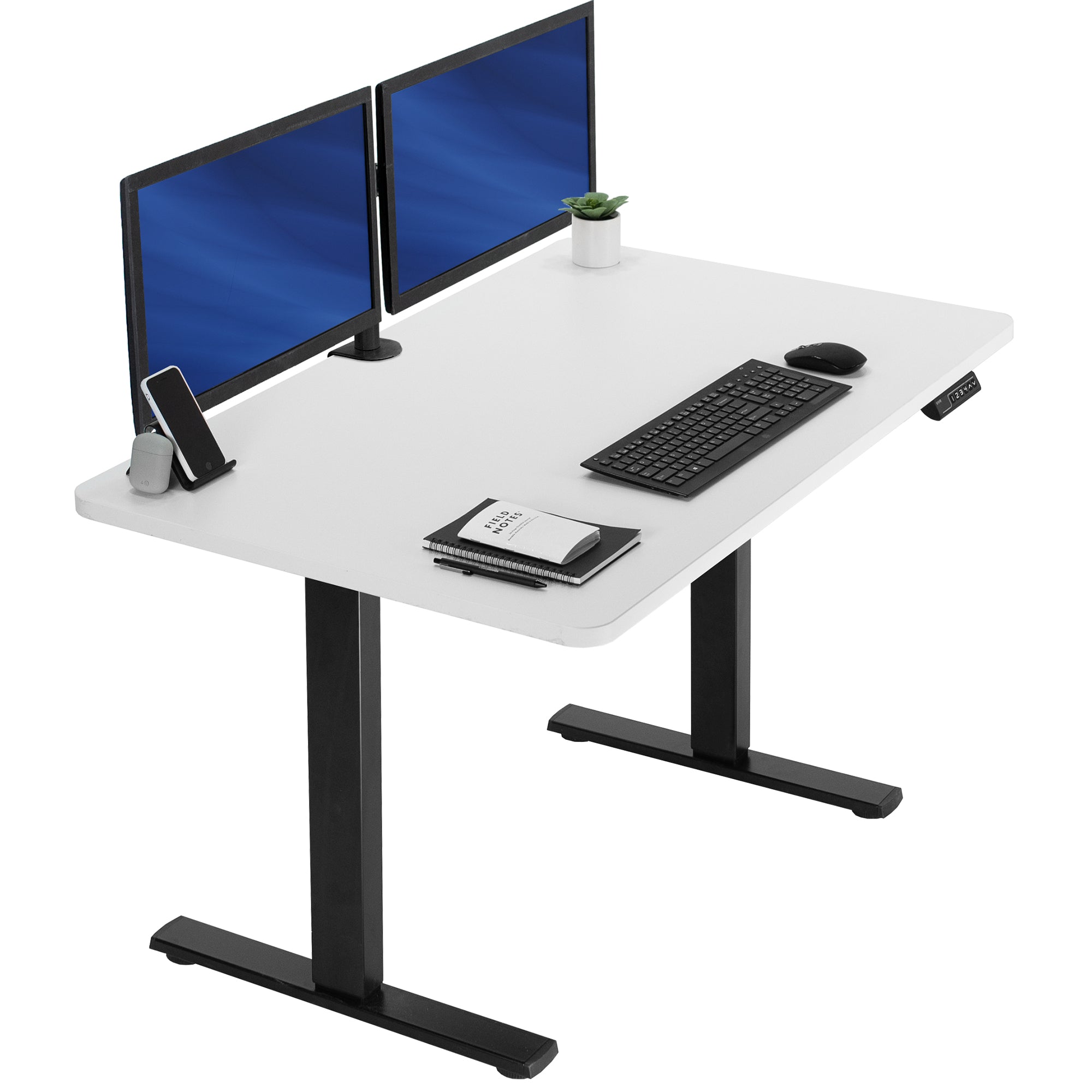 Sturdy ergonomic sit or stand active desk workstation with adjustable height using smart control panel.
