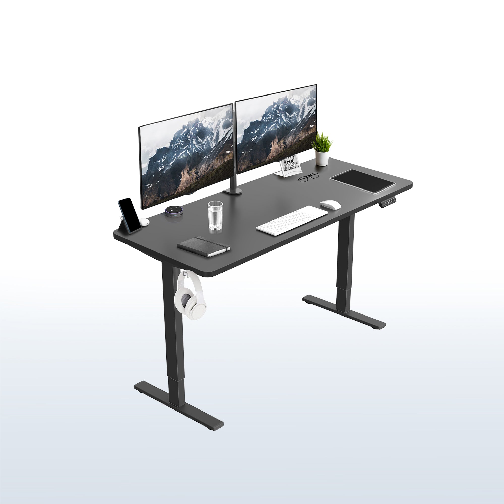 Sturdy ergonomic sit or stand active desk workstation with adjustable height using smart control panel.