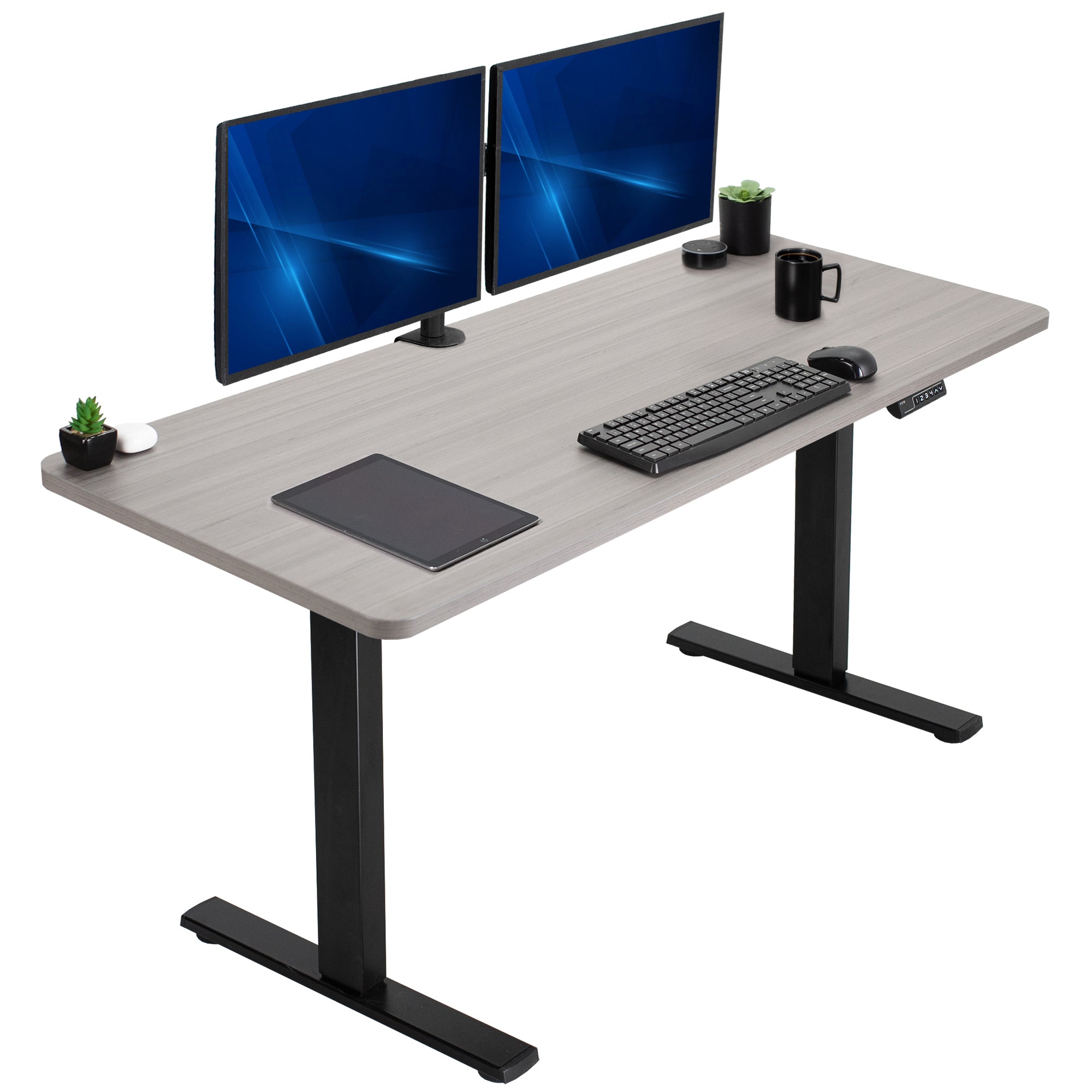 Sturdy ergonomic sit or stand active desk workstation with adjustable height using smart control panel.