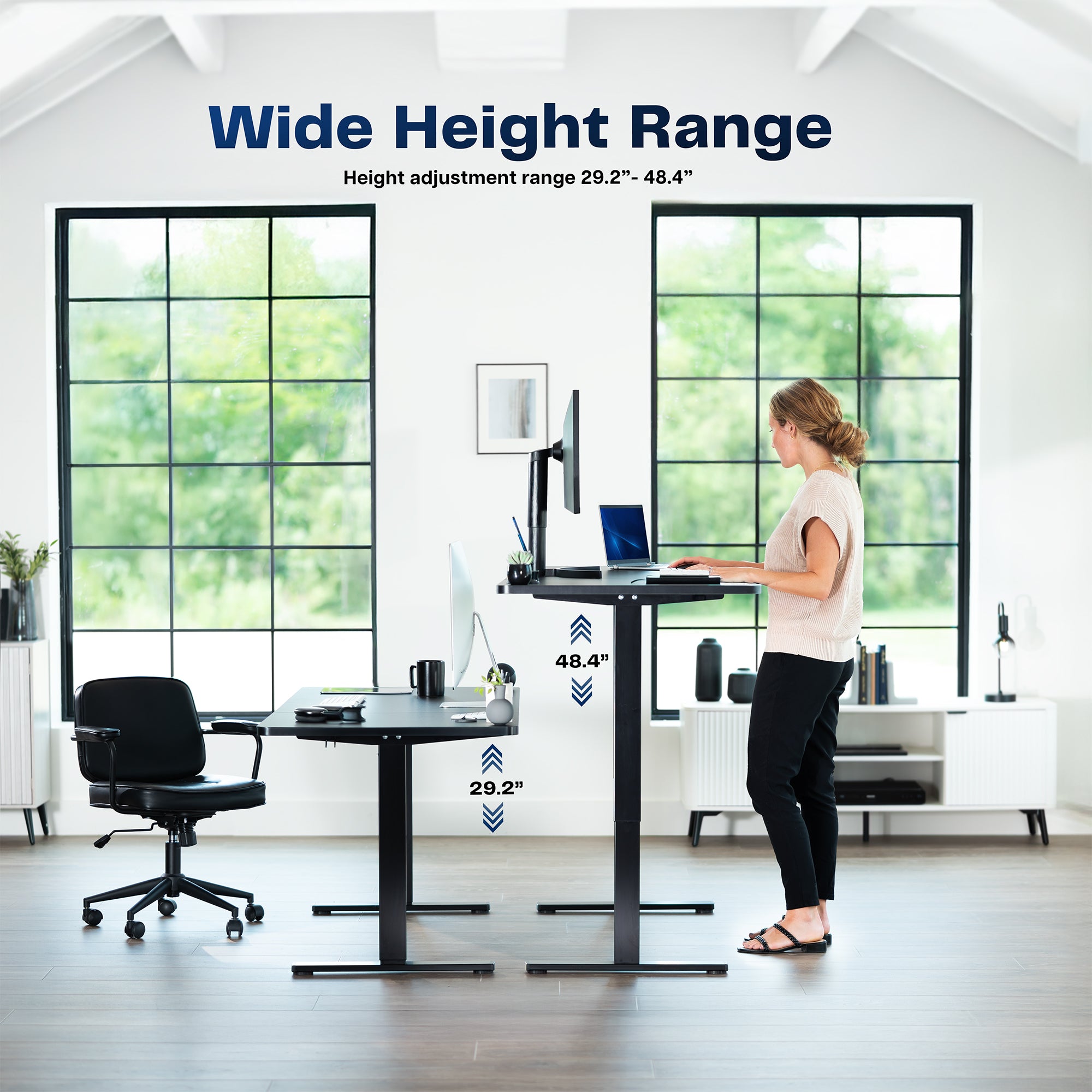 Large sturdy sit or stand modern desk with electric height adjustment options.
