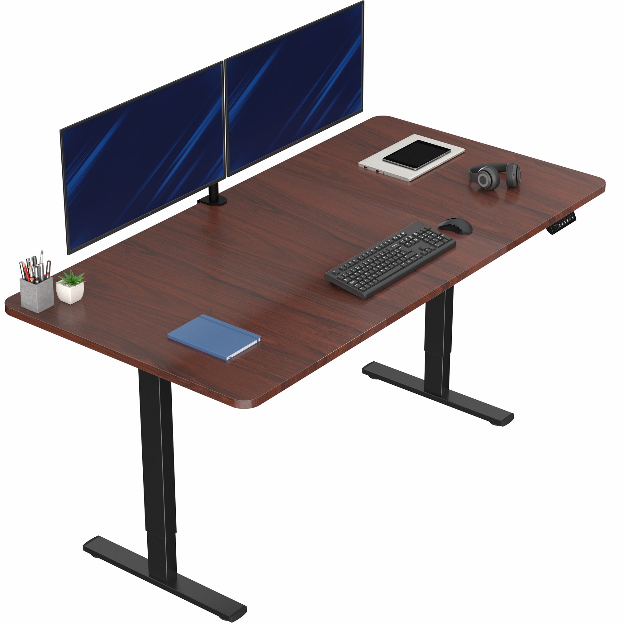 Large sturdy sit or stand modern desk with electric height adjustment options.