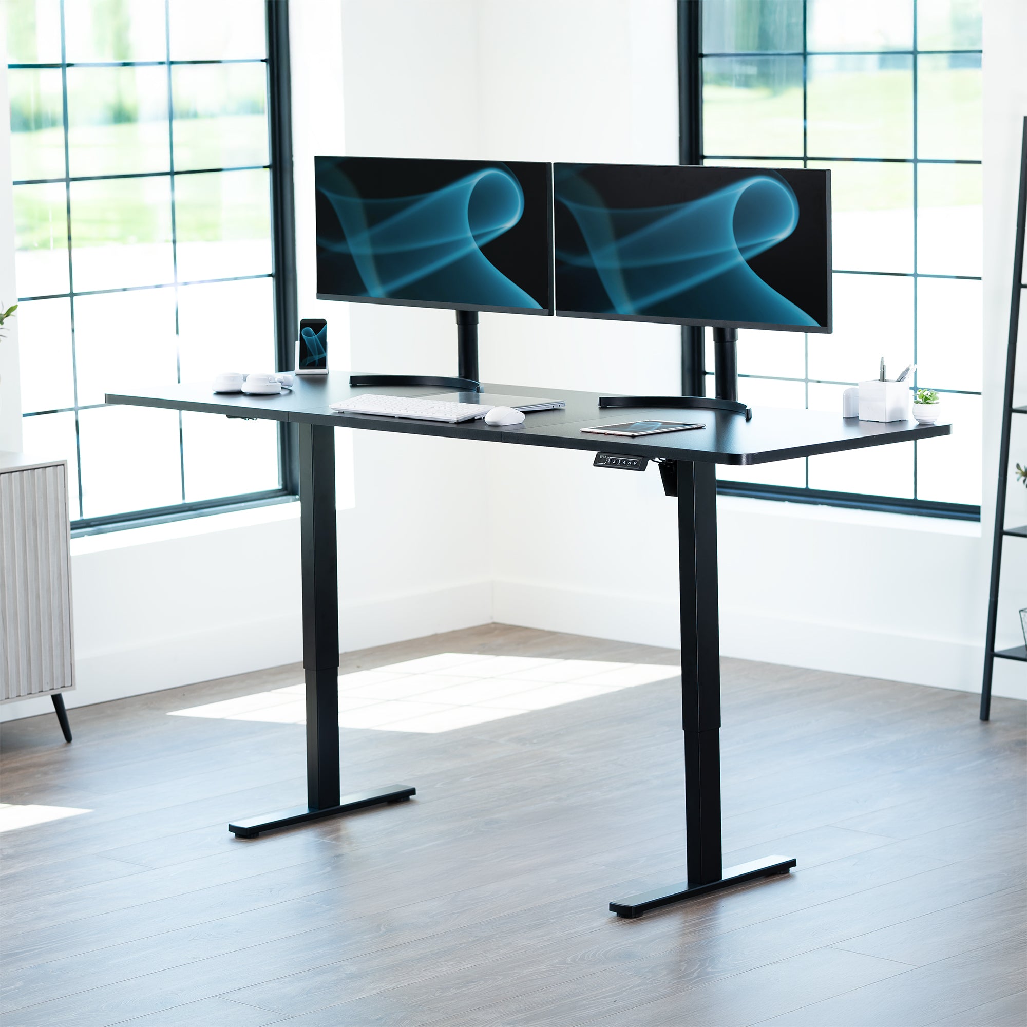 Extra large sturdy sit or stand active workstation with adjustable height using smart control panel.
