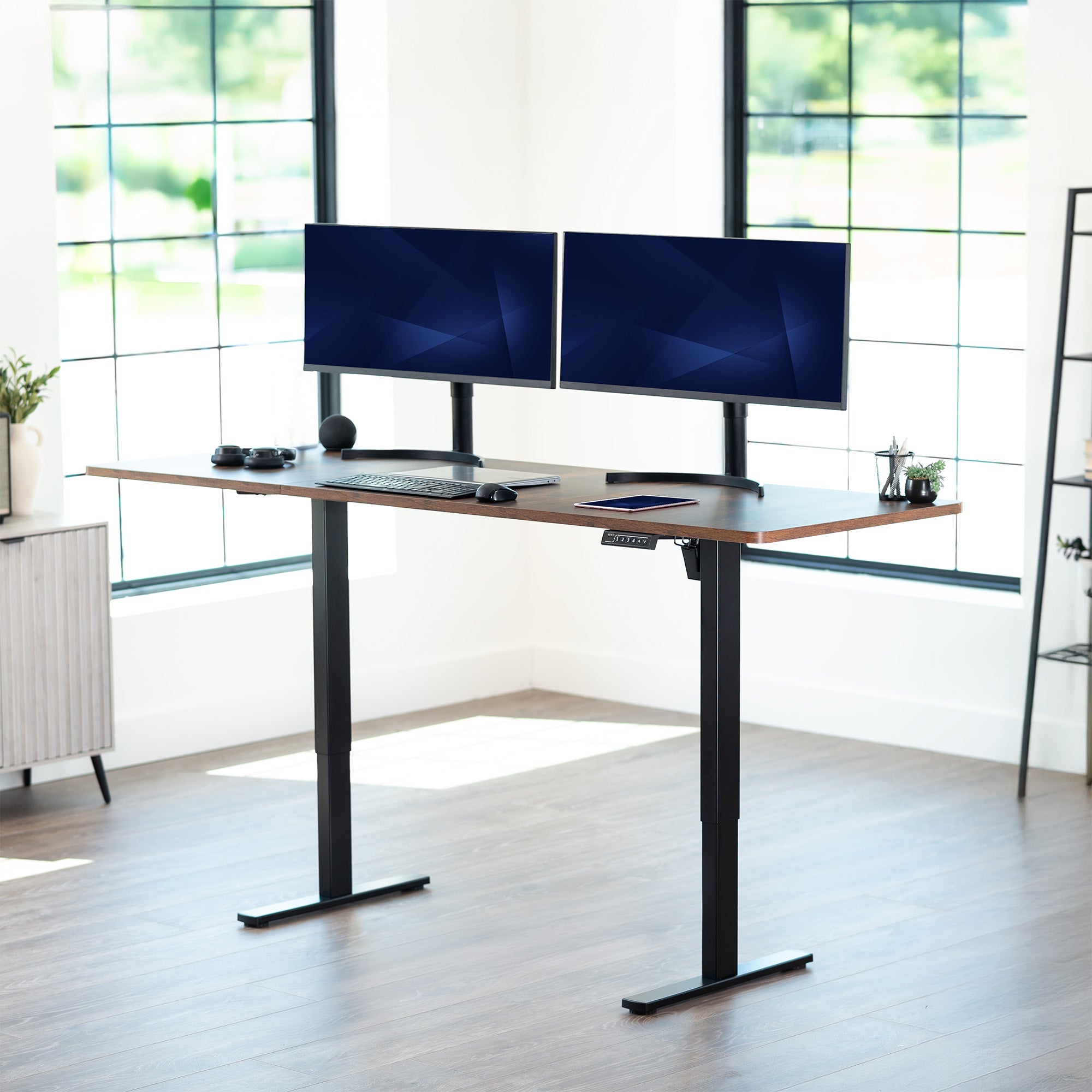Extra large rustic sturdy sit or stand active workstation with adjustable height using smart control panel.