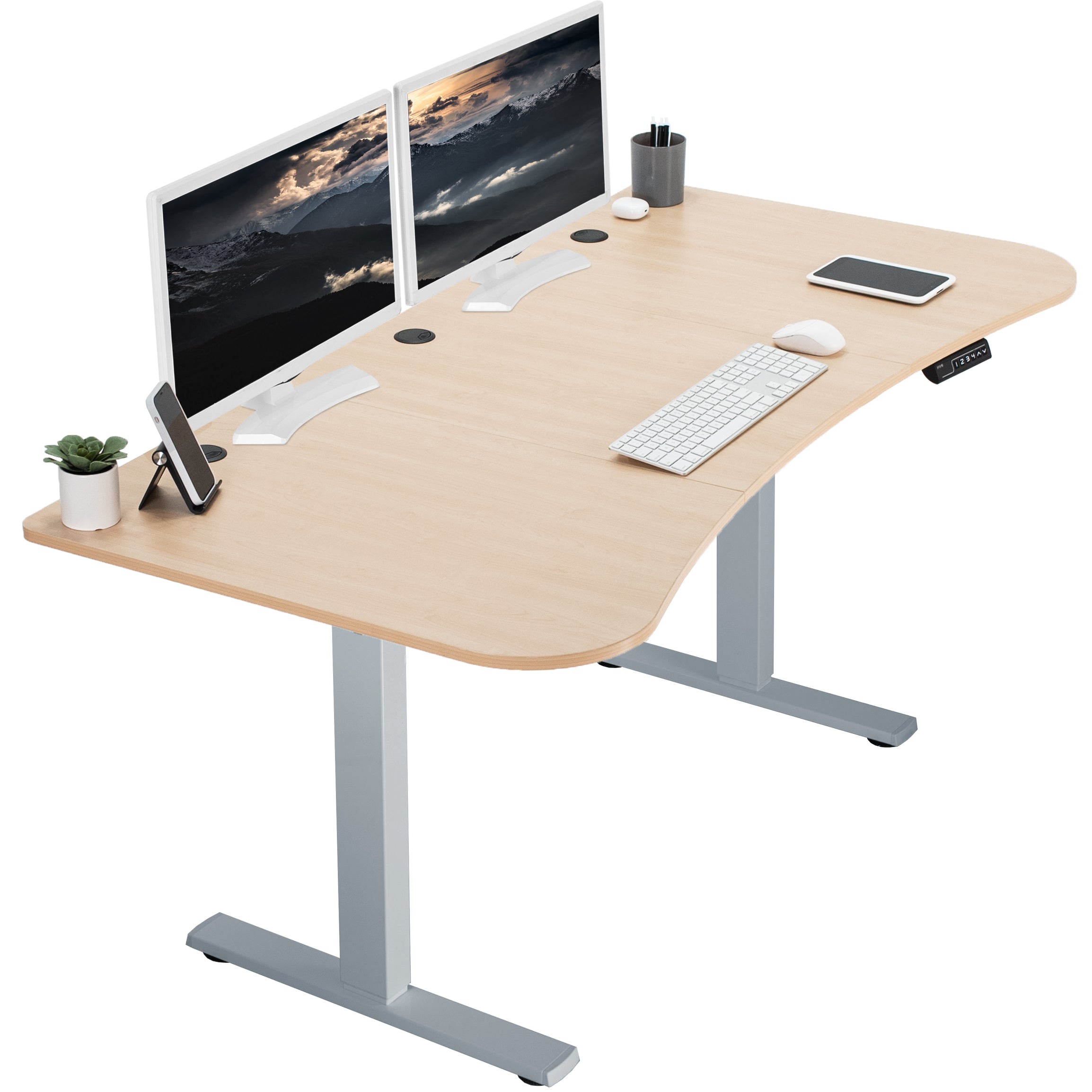 Light wood top grey frame, electric, sit to stand, height adjustable desk.