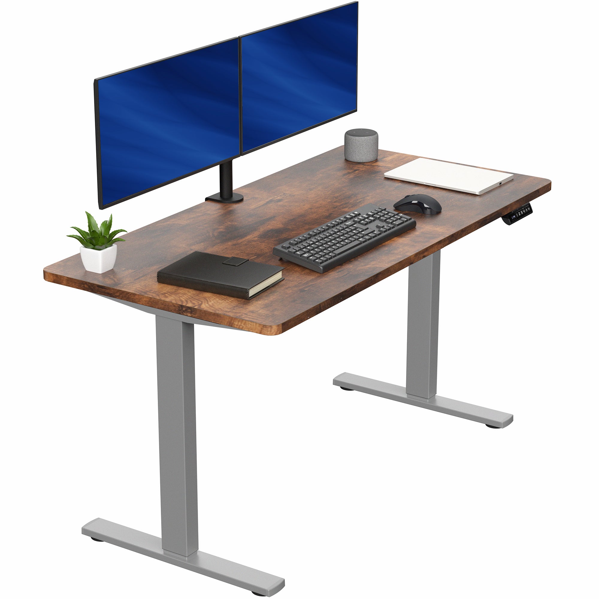 Sturdy ergonomic sit or stand active desk workstation with adjustable height using smart control panel.