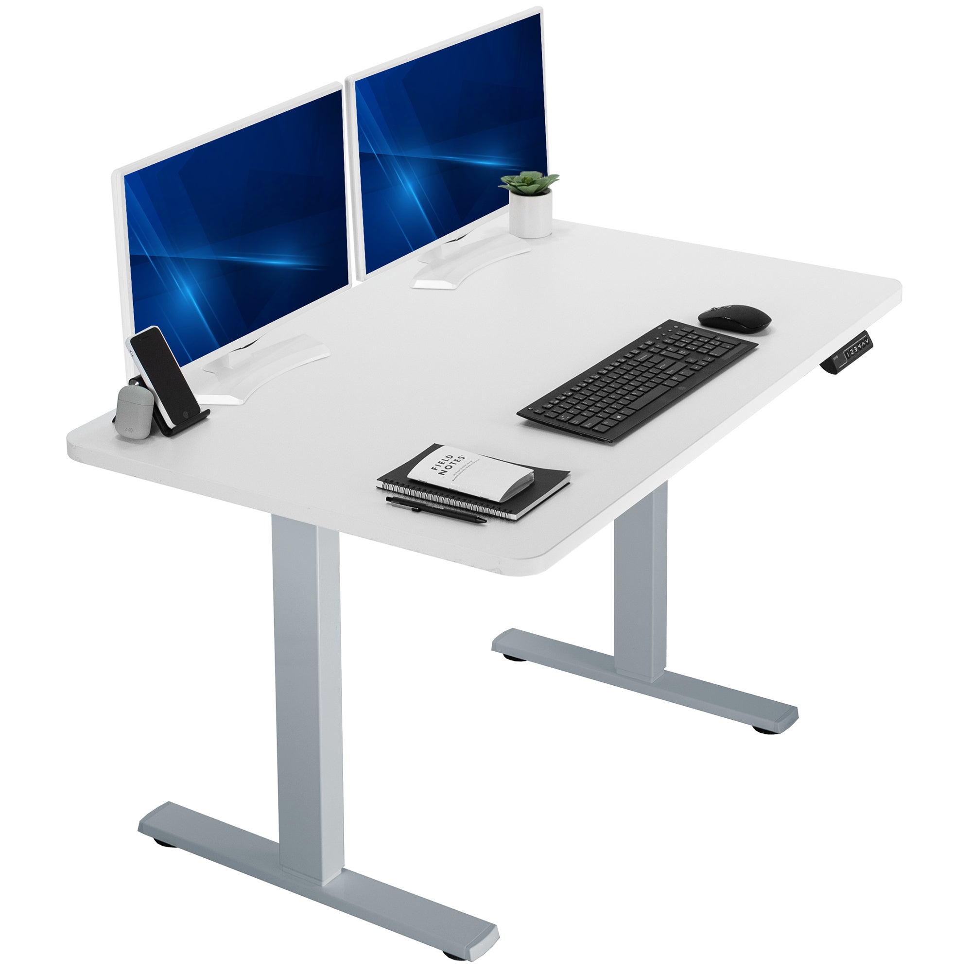 Sturdy ergonomic sit or stand active desk workstation with adjustable height using smart control panel.