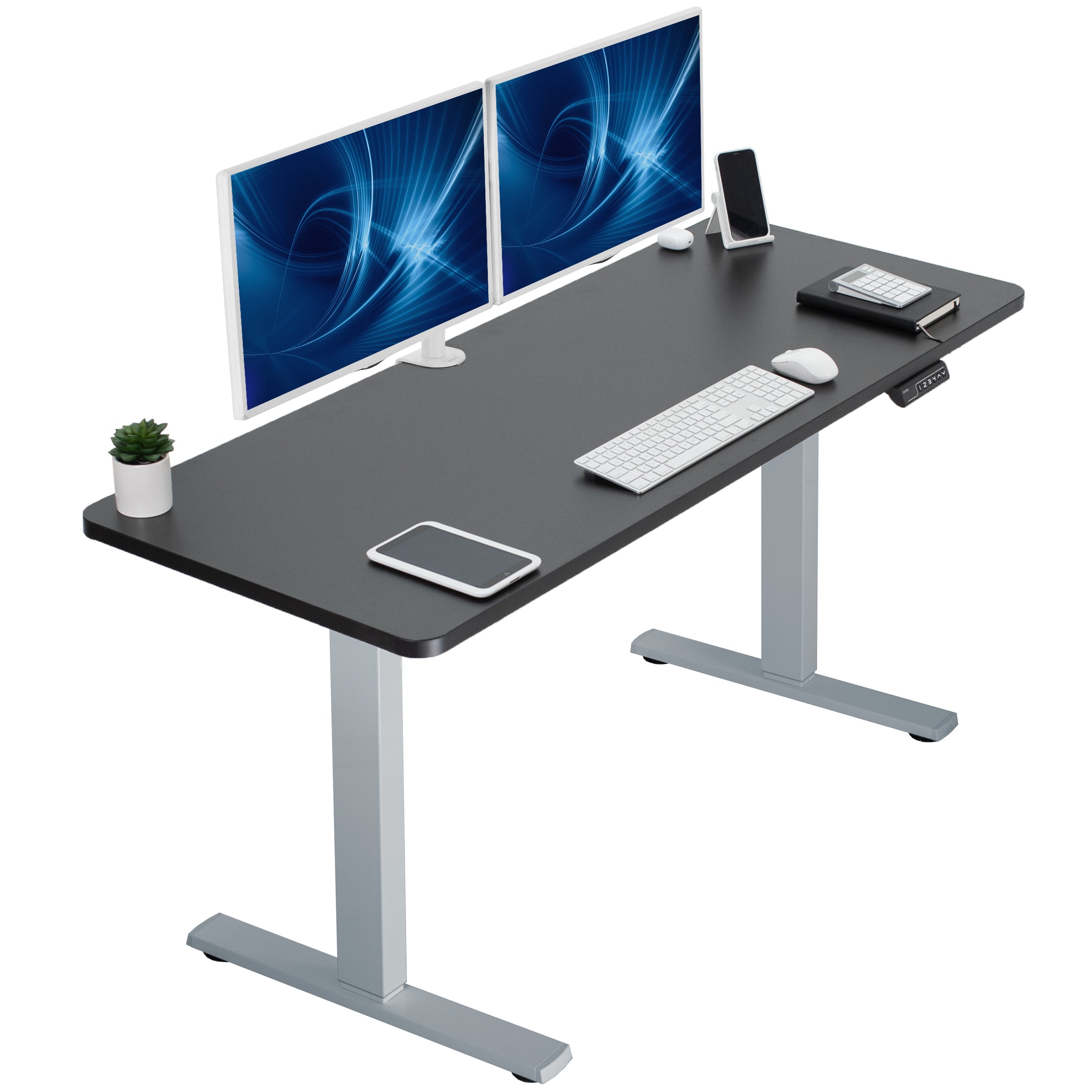 Sturdy ergonomic sit or stand active desk workstation with adjustable height using smart control panel.