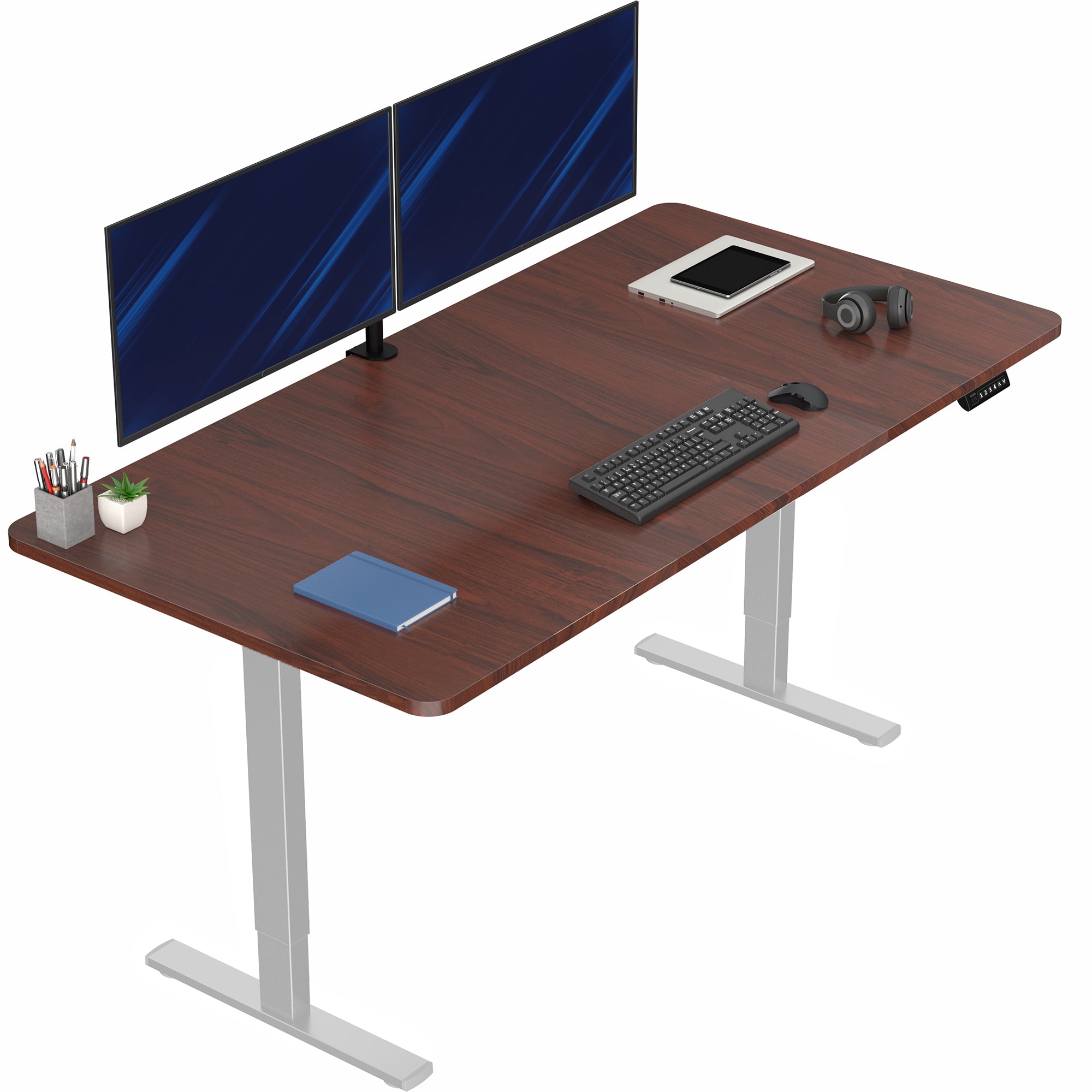 Large sturdy sit or stand modern desk with electric height adjustment options.
