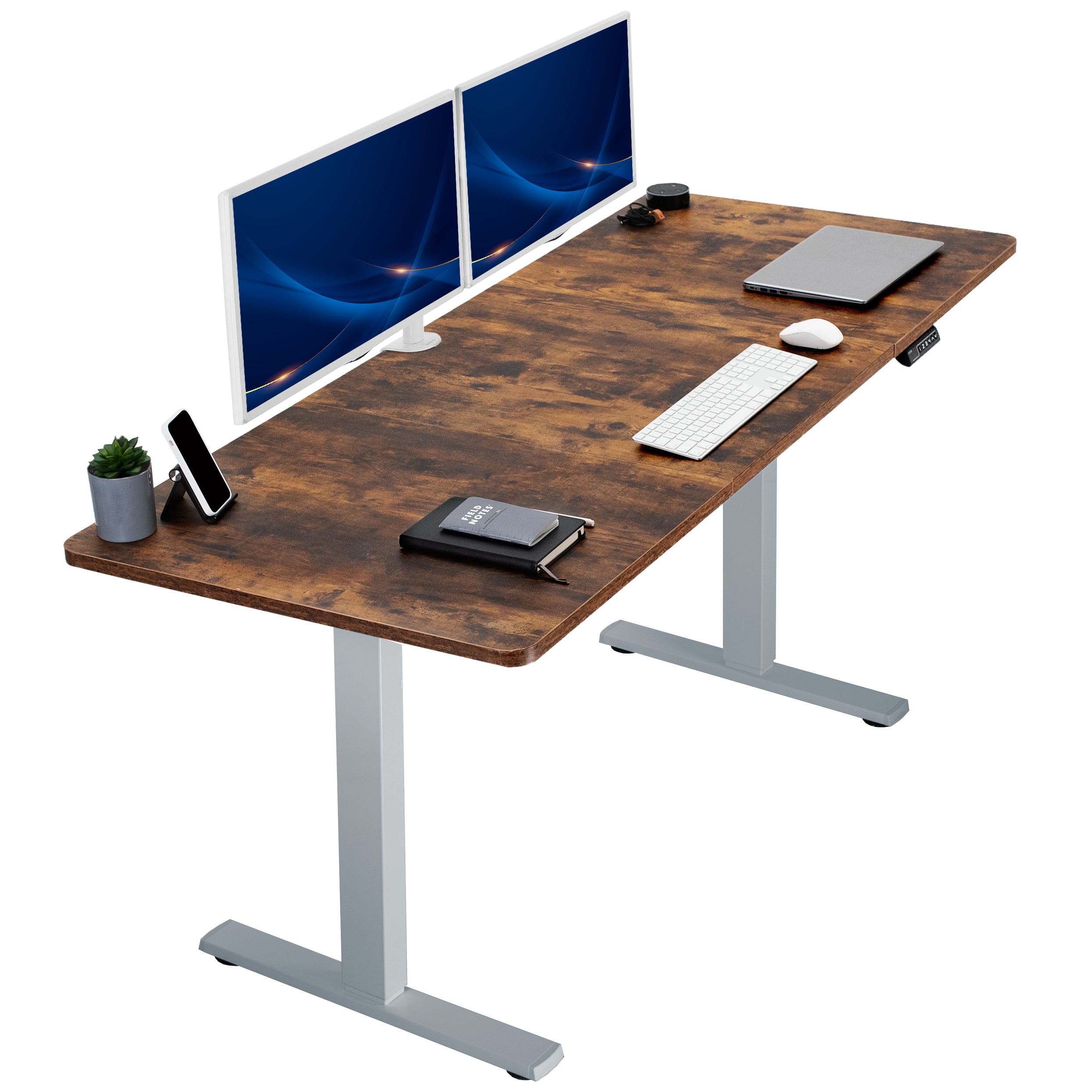 Large sturdy sit or stand modern desk with electric height adjustment options.