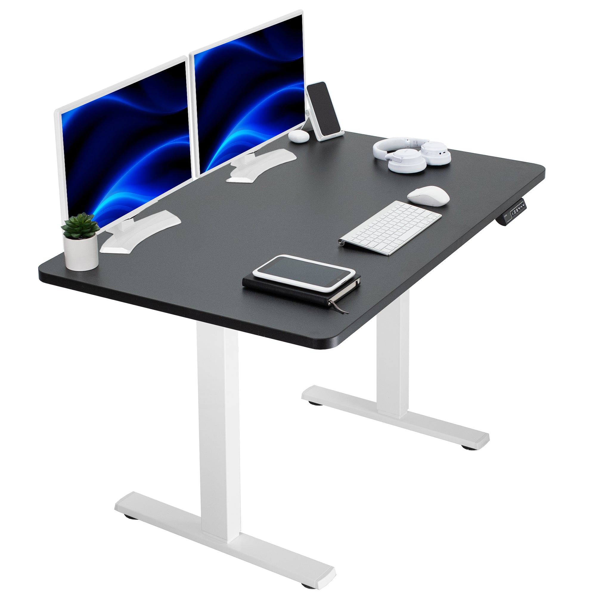 Sturdy ergonomic sit or stand active desk workstation with adjustable height using smart control panel.