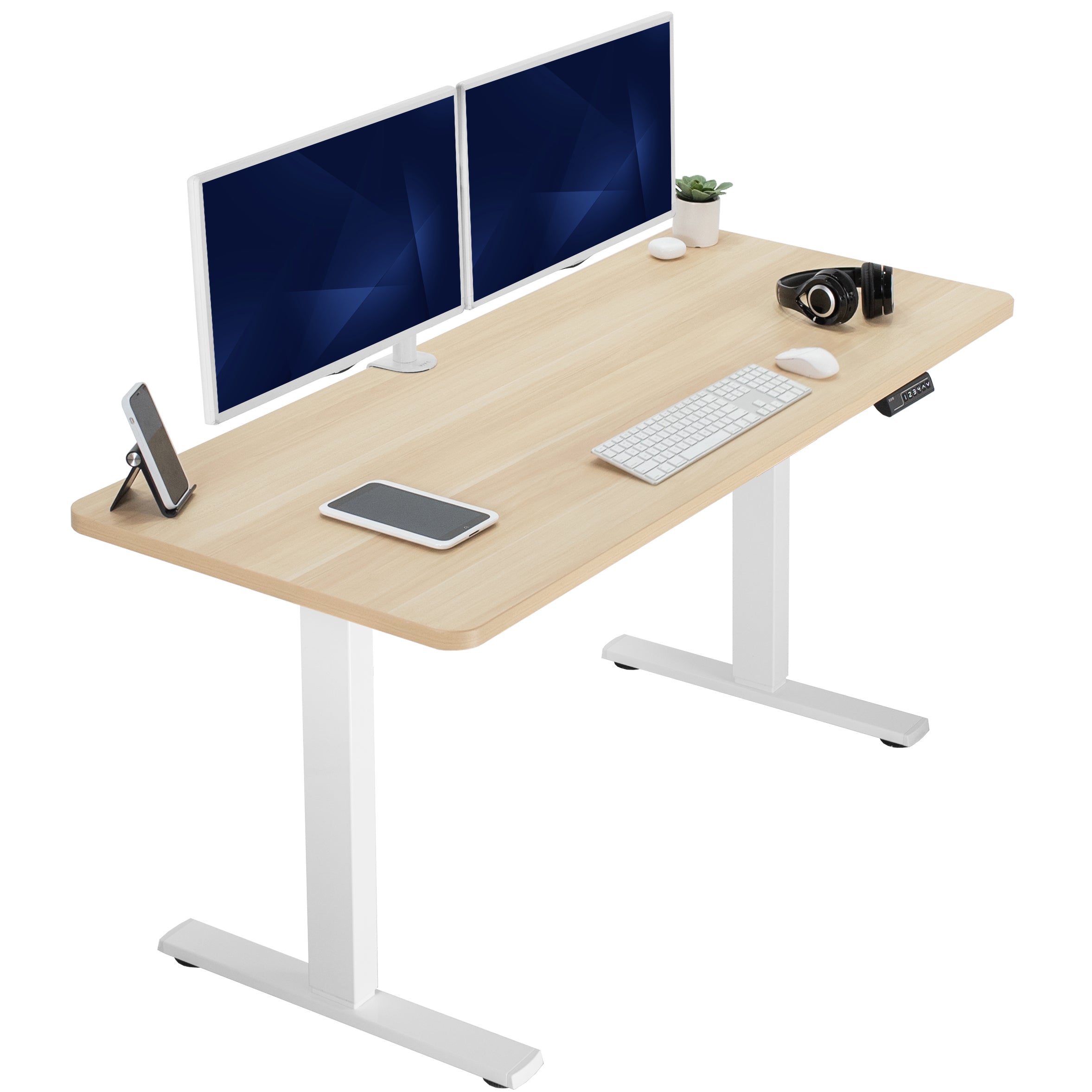 Sturdy ergonomic sit or stand active desk workstation with adjustable height using smart control panel.