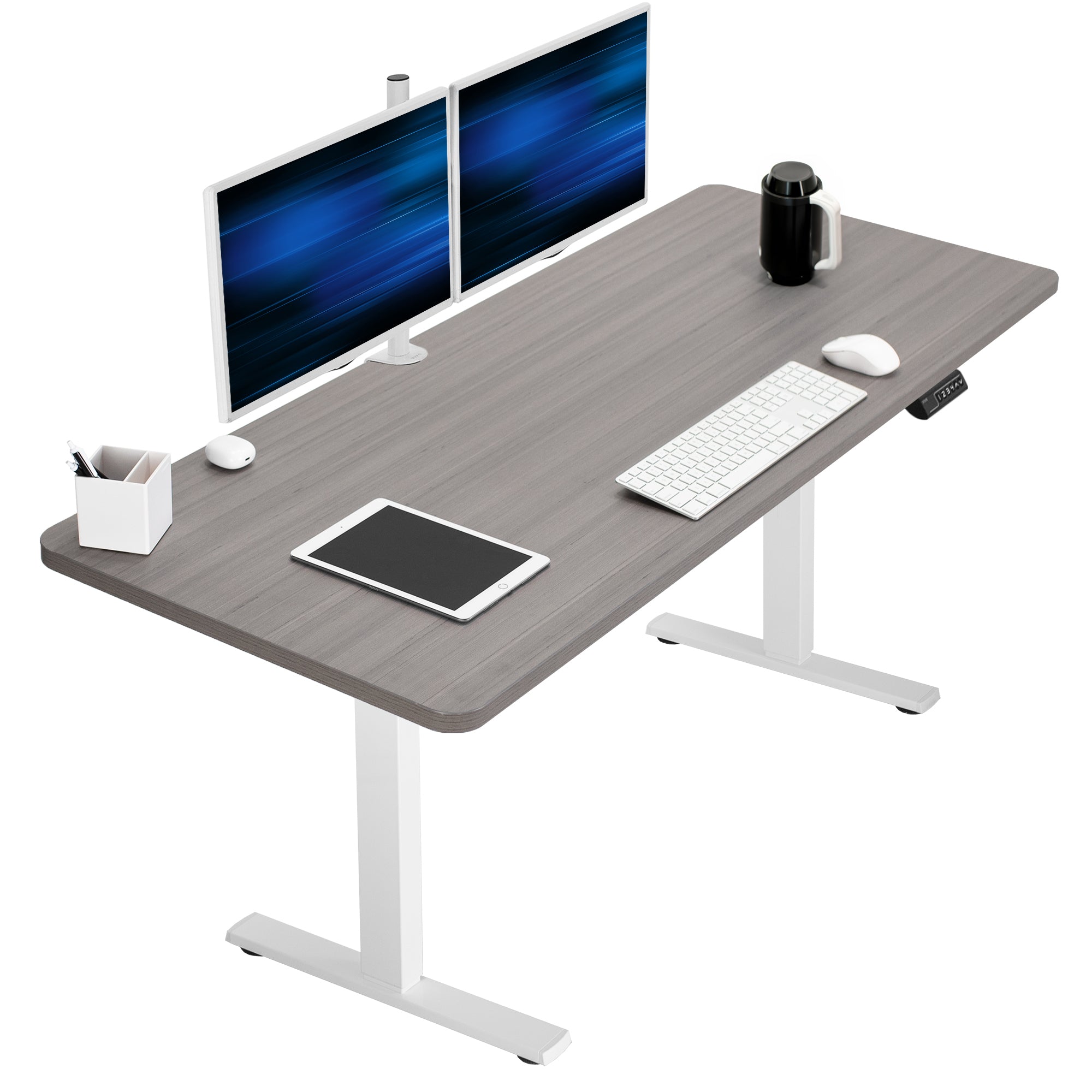 Sturdy ergonomic sit or stand active desk workstation with adjustable height using smart control panel.