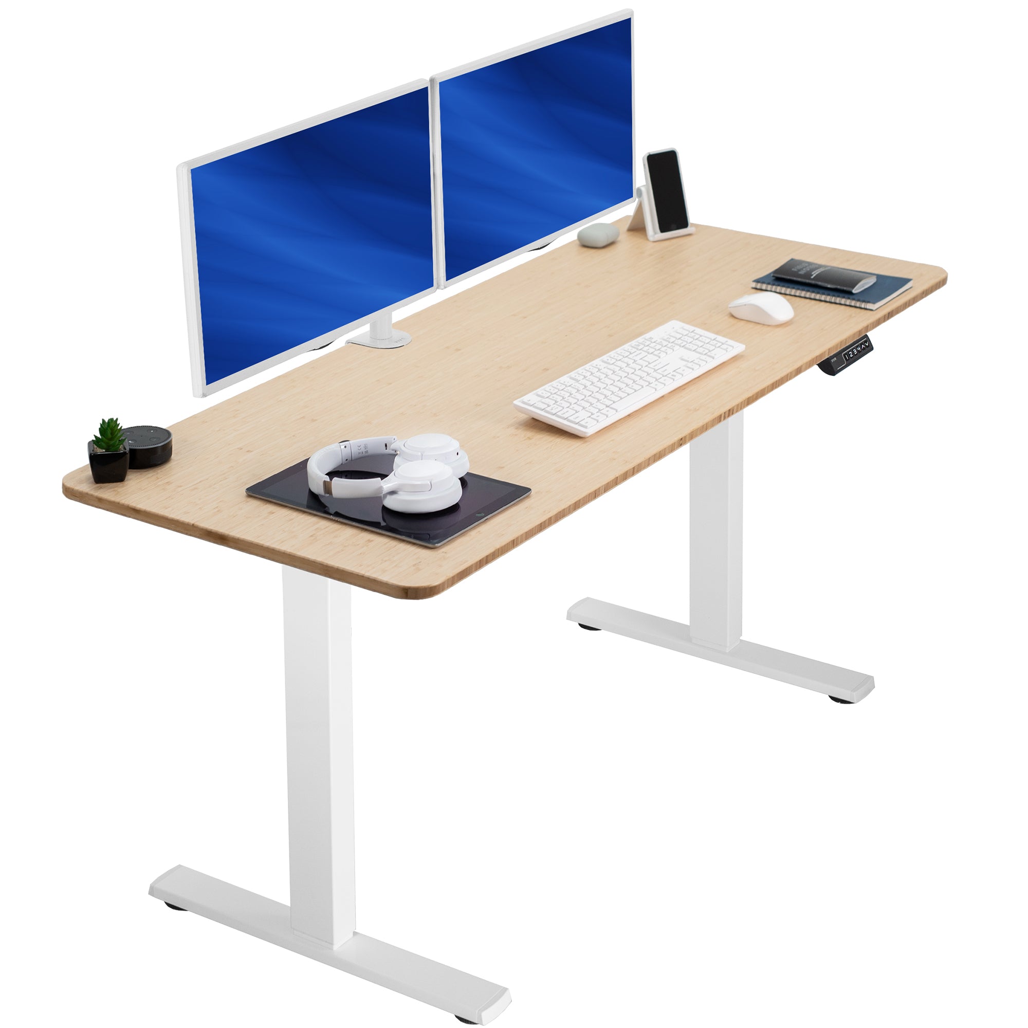 Sturdy ergonomic sit or stand active desk workstation with adjustable height using smart control panel.