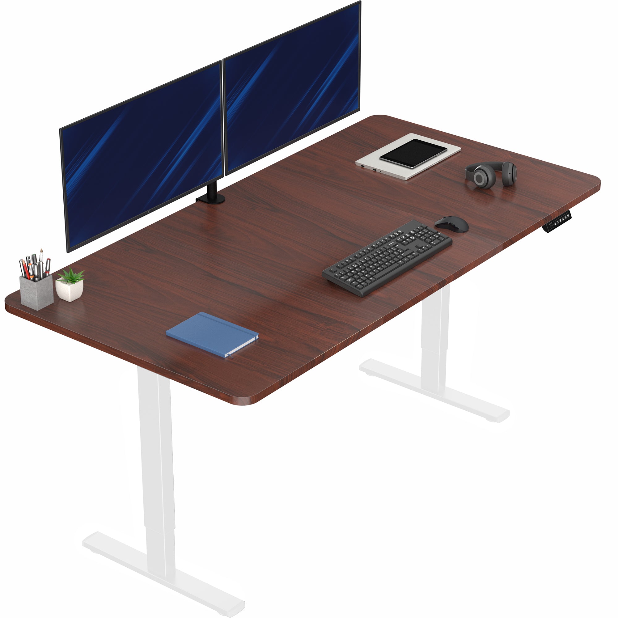 Large sturdy sit or stand modern desk with electric height adjustment options.