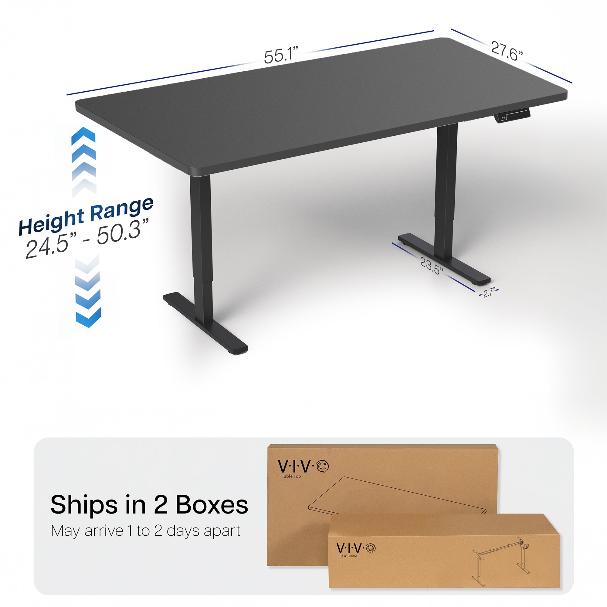 Black adjustable desk with dimensions and shipping information on a white background