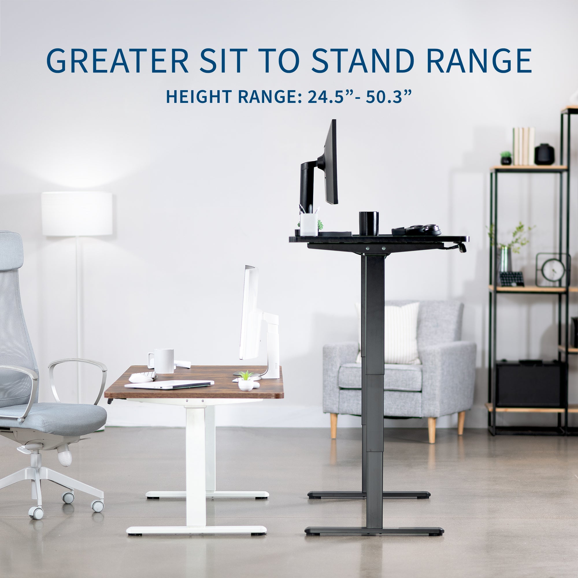 Height-adjustable desk in a modern office setting with text indicating height range.