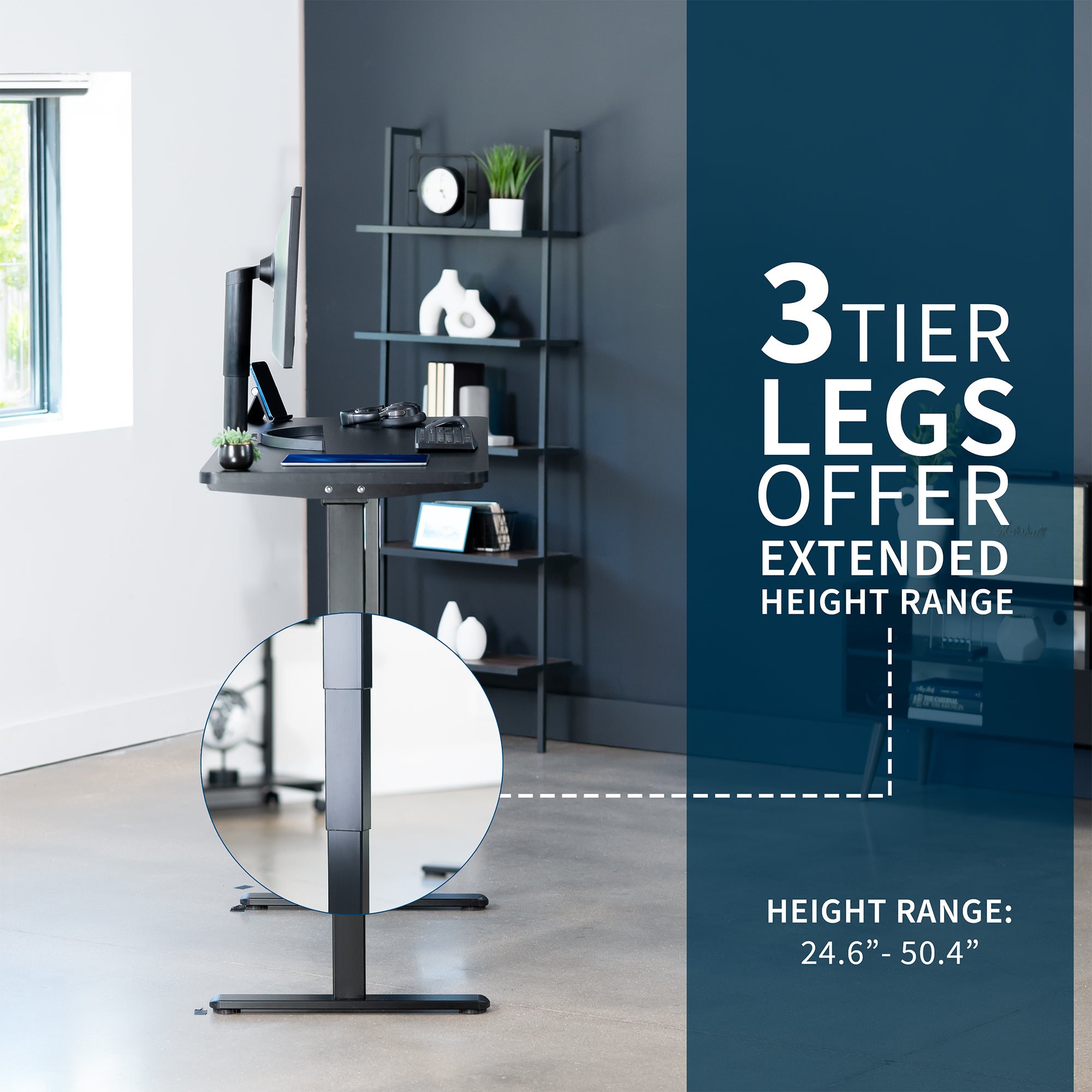 Modern office setup with a adjustable height desk and shelves.