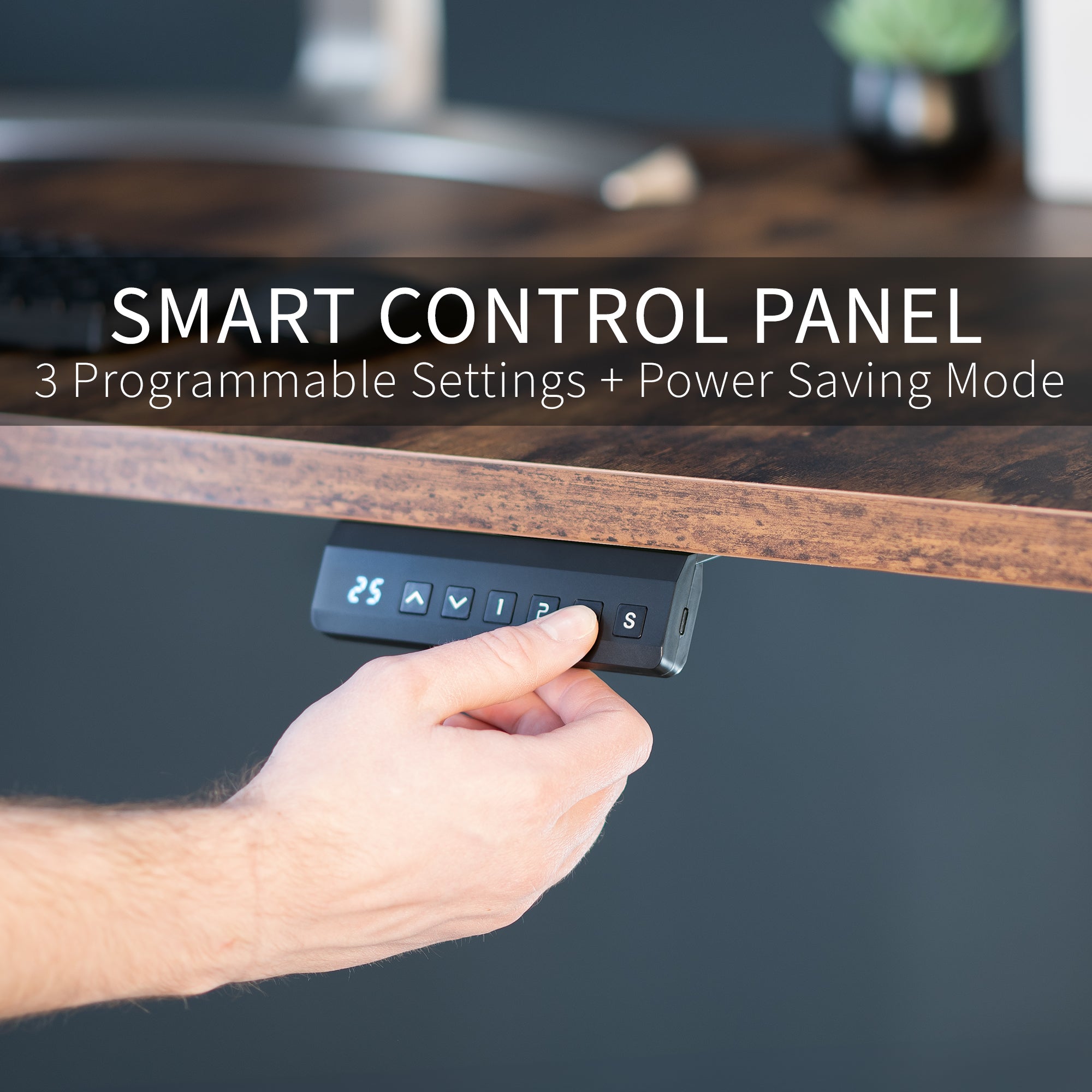 Smart control panel being held by a hand with text.