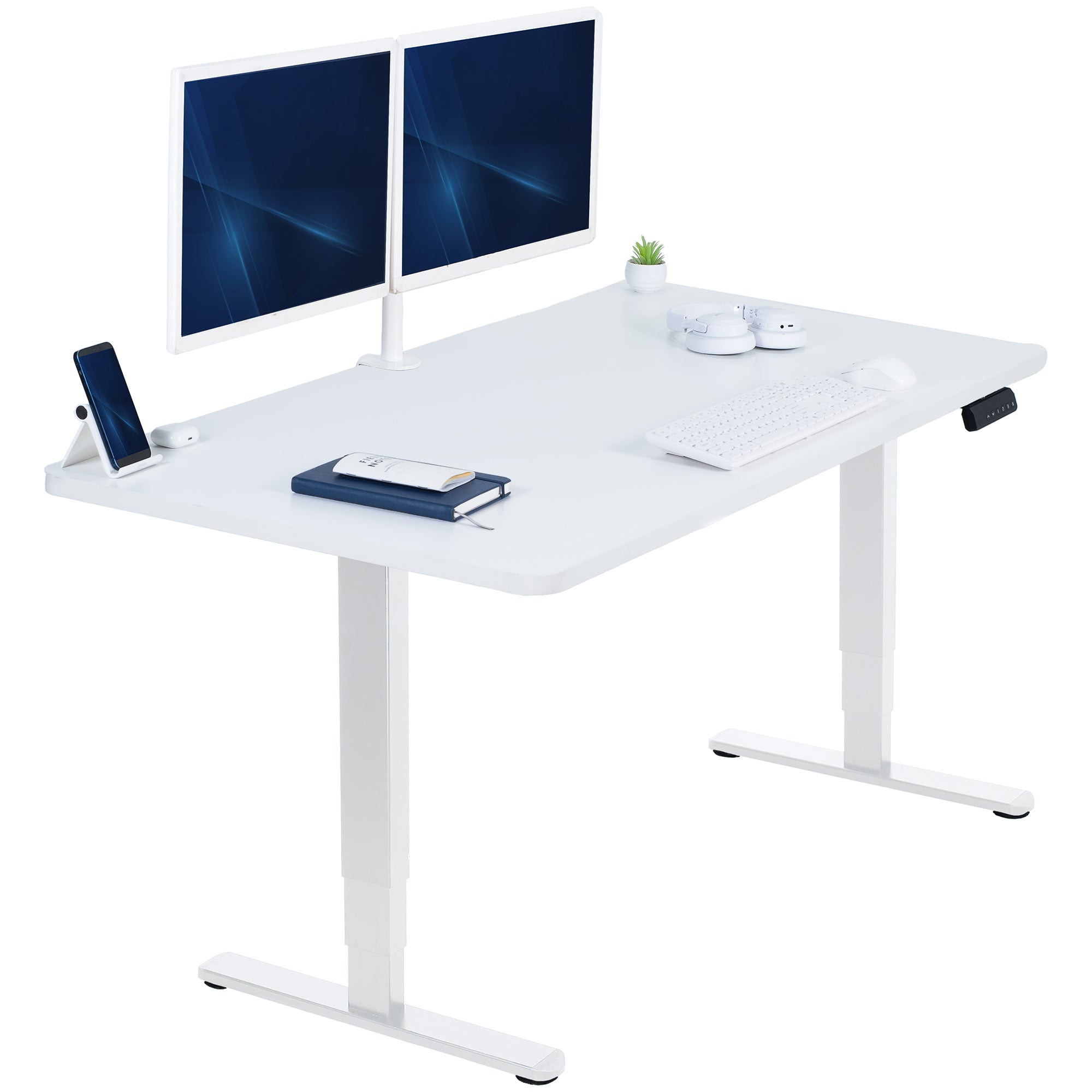 White desk with two computer monitors, a phone, and other items on a white background