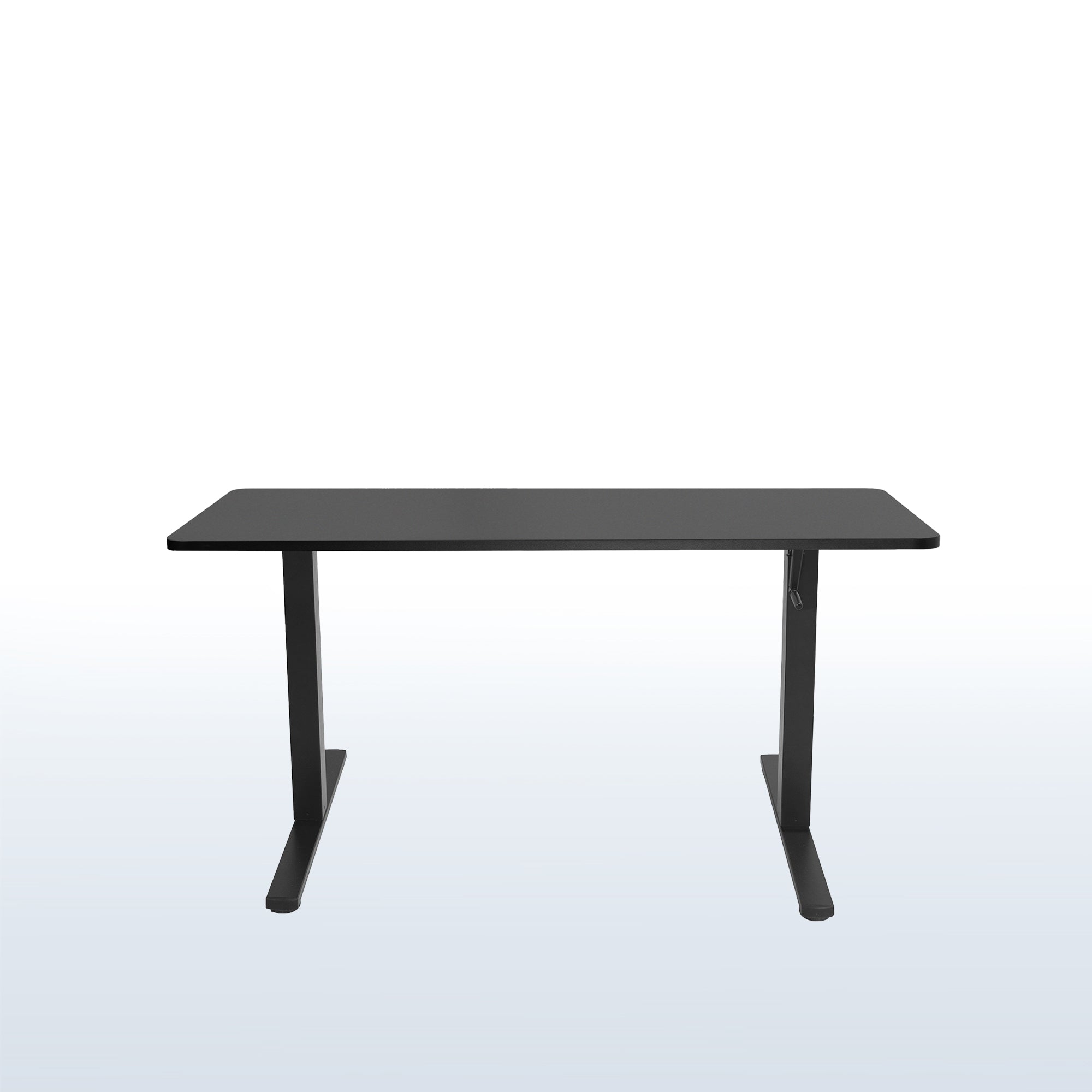 Large black manual height adjustable desk with side crank handle.