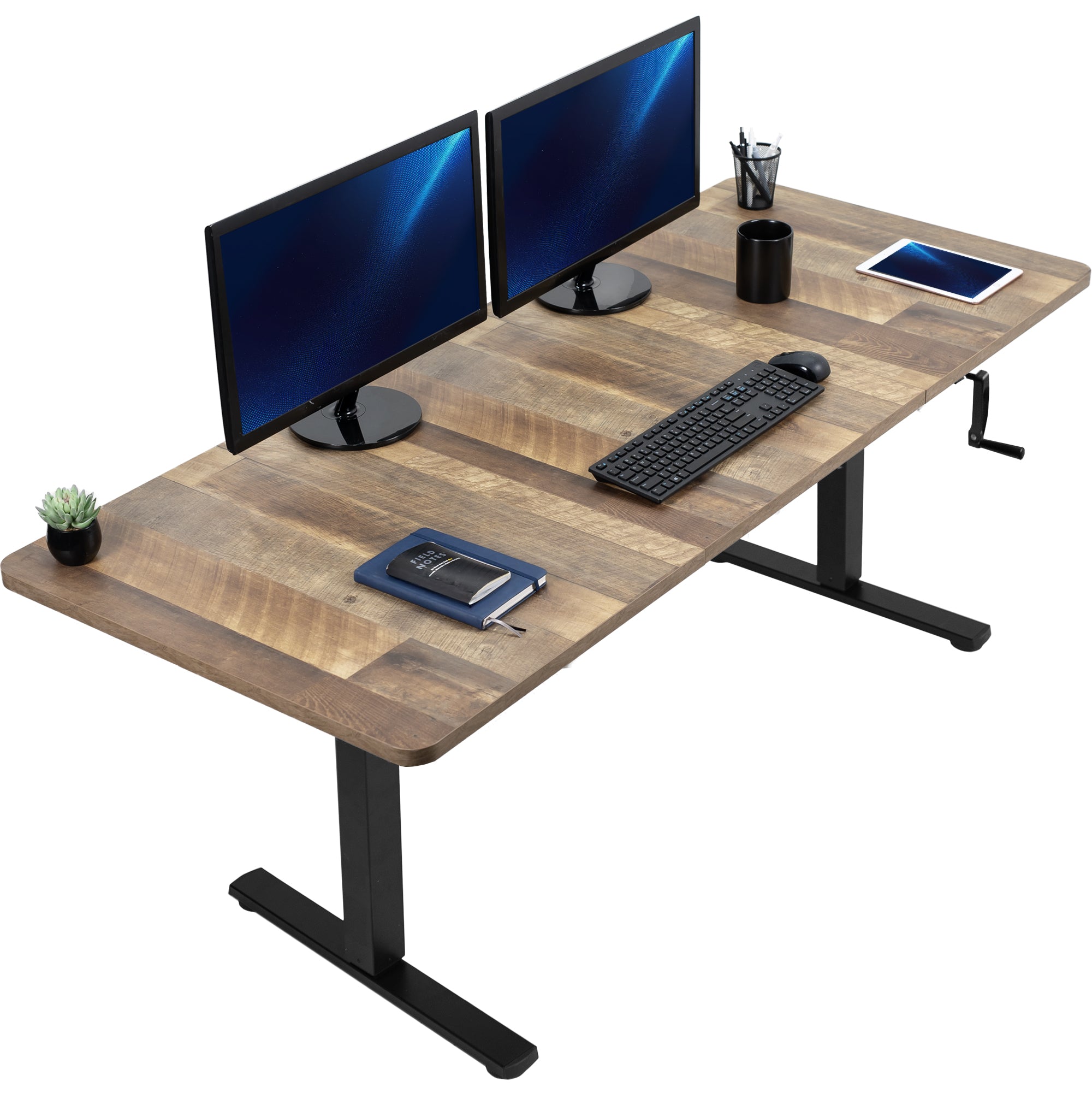 Wide surface sturdy sit or stand active workstation with adjustable height using manual hand crank.