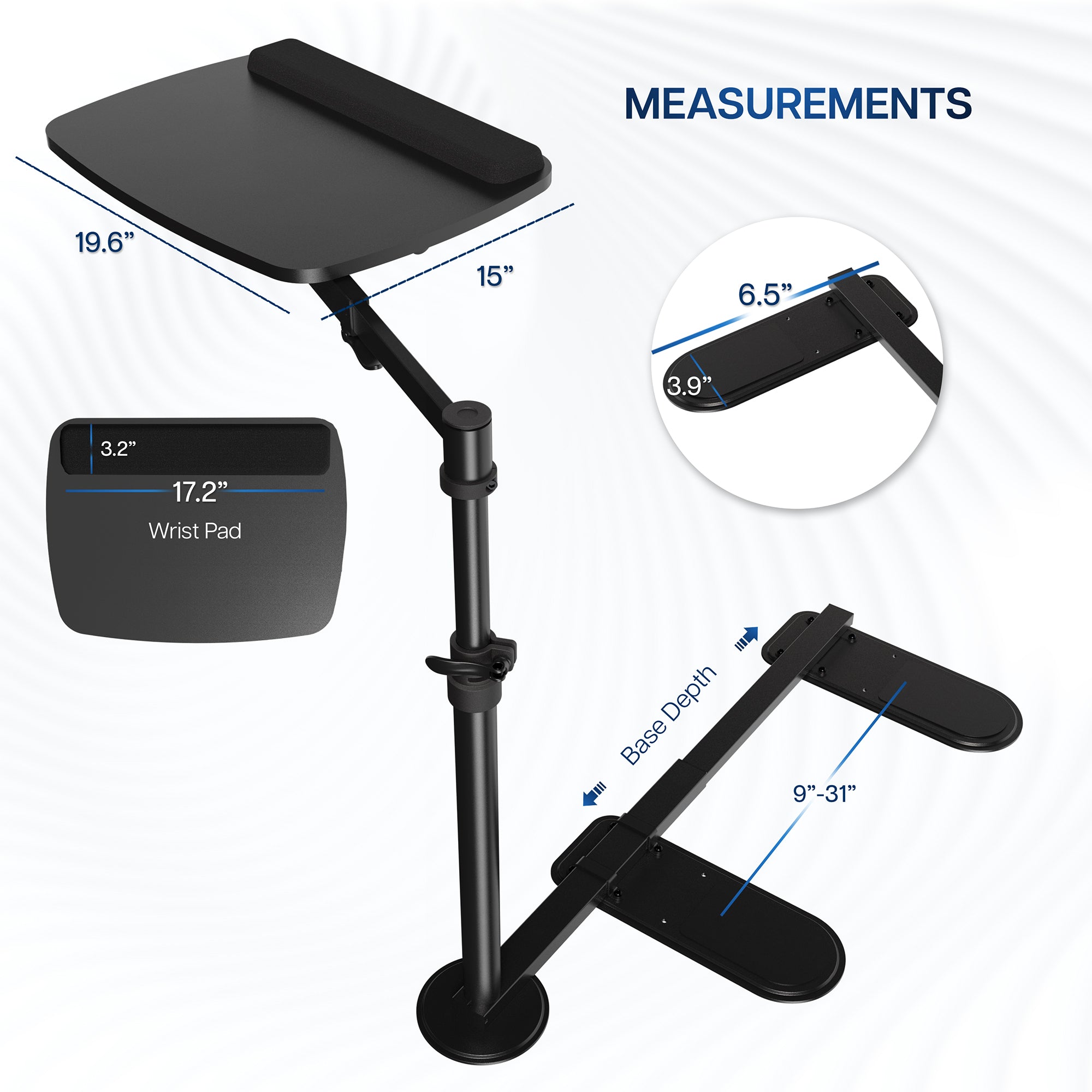 Black adjustable laptop desk with measurements on a white background