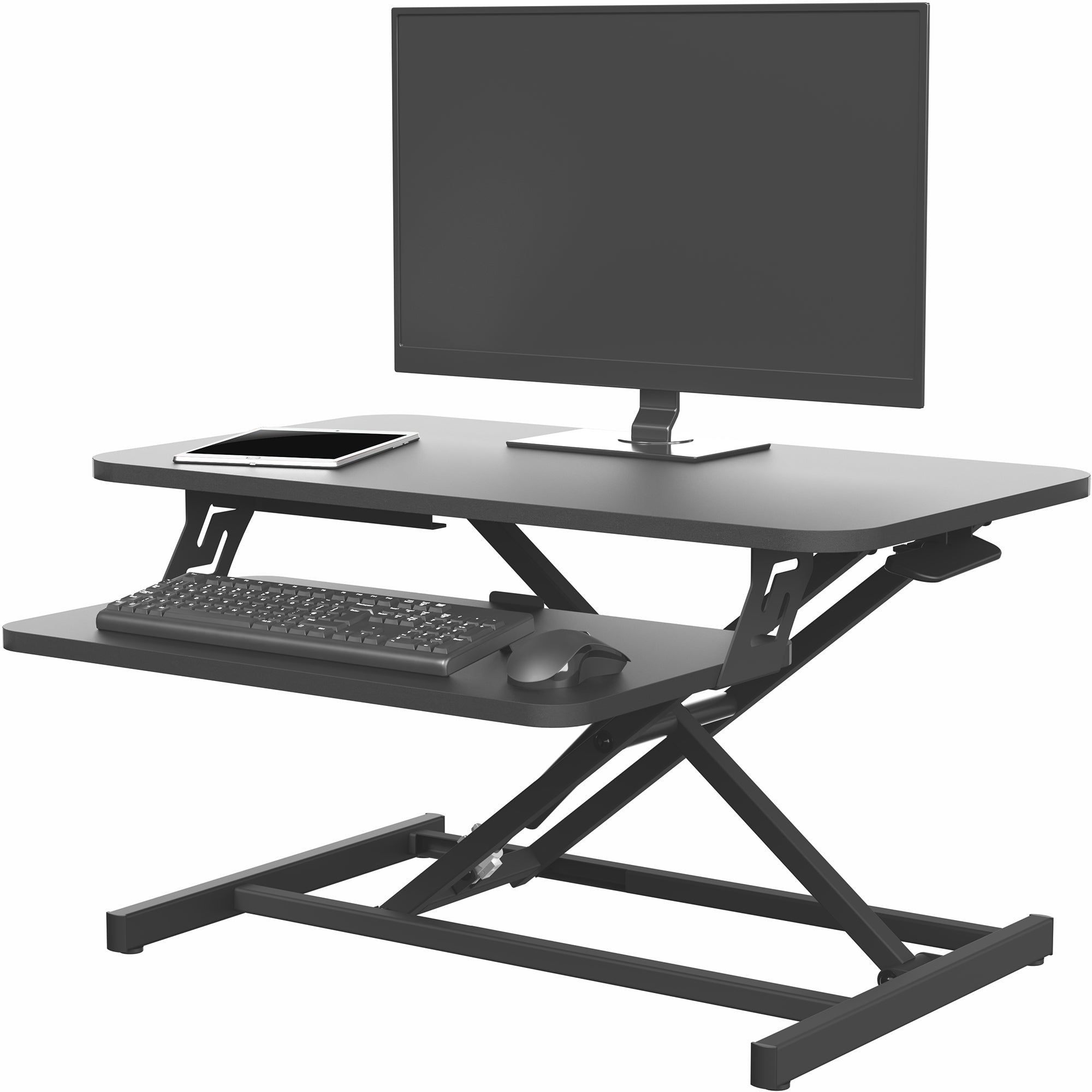 Compact height adjustable desk converter monitor riser with 2 tiers.