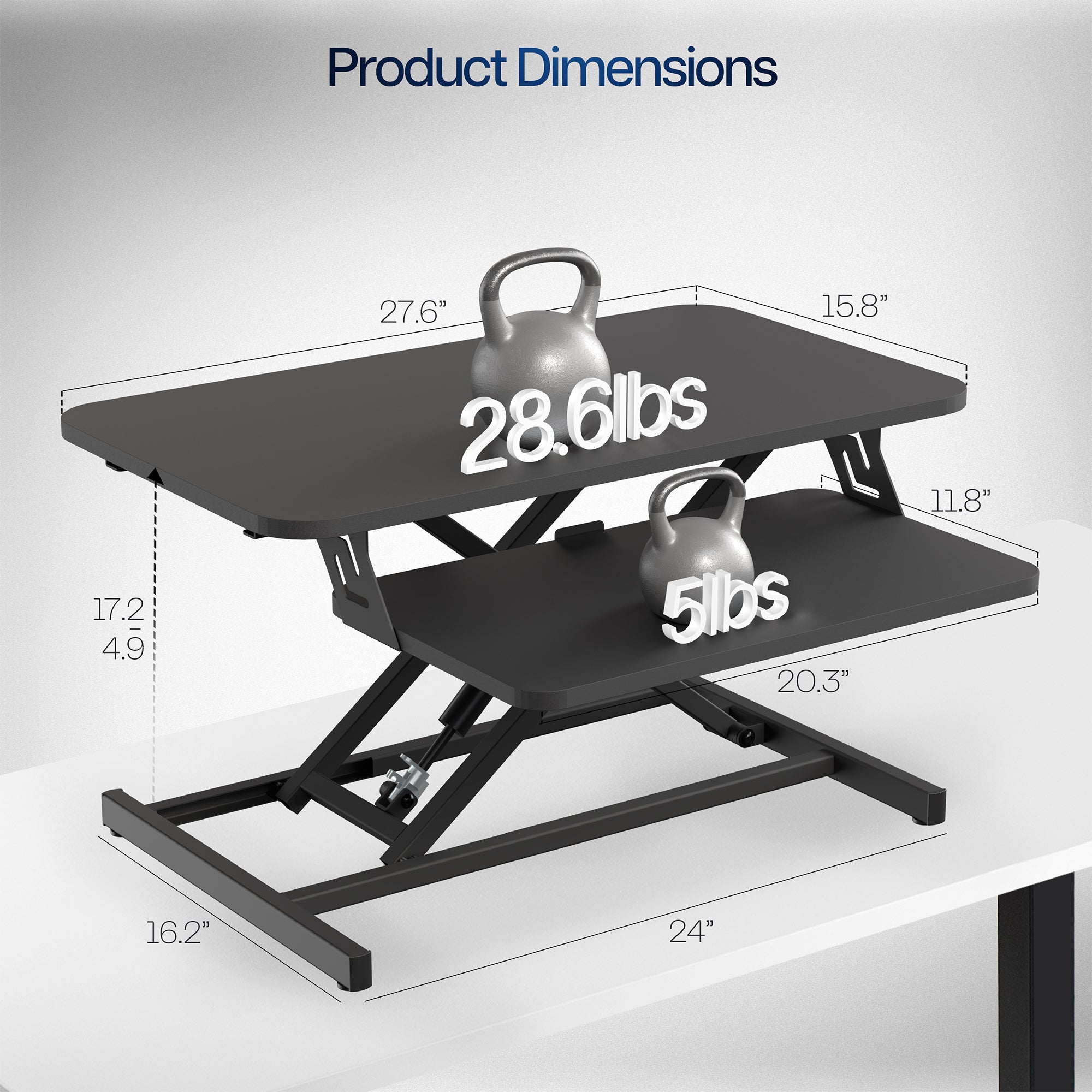 Compact height adjustable desk converter monitor riser with 2 tiers.