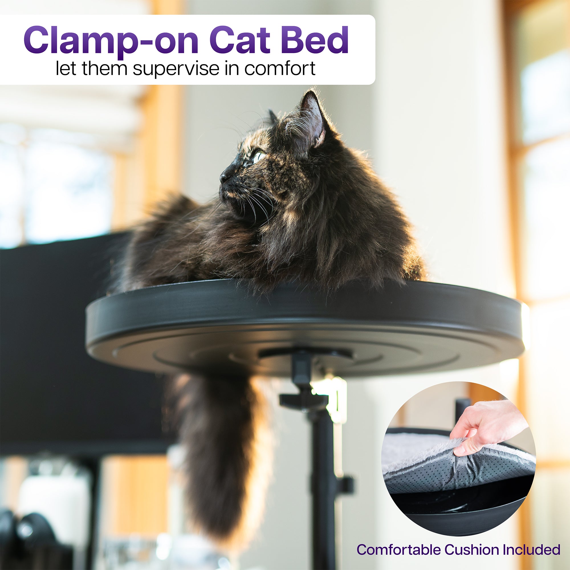 Clamp-on cat bed gives your kitty a comfortable place to rest off of the desk surface.