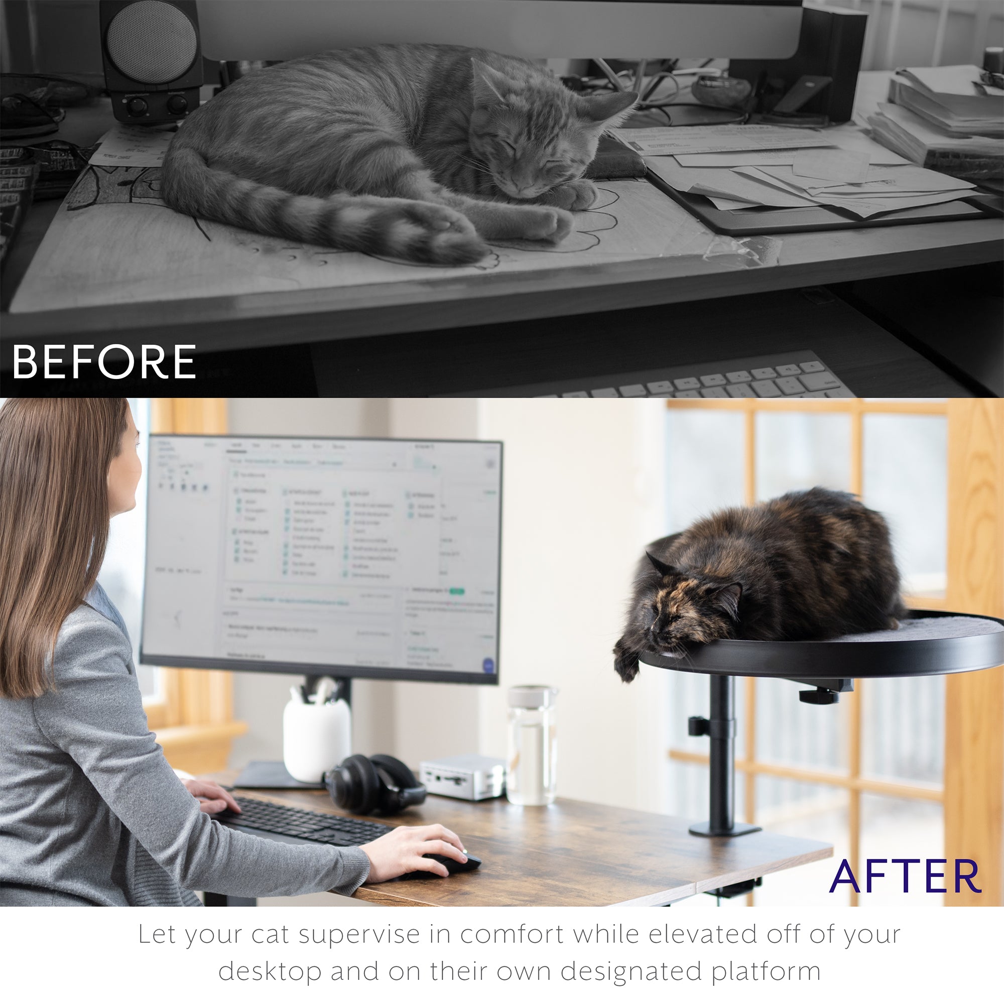 Clamp-on cat bed gives your kitty a comfortable place to rest off of the desk surface.