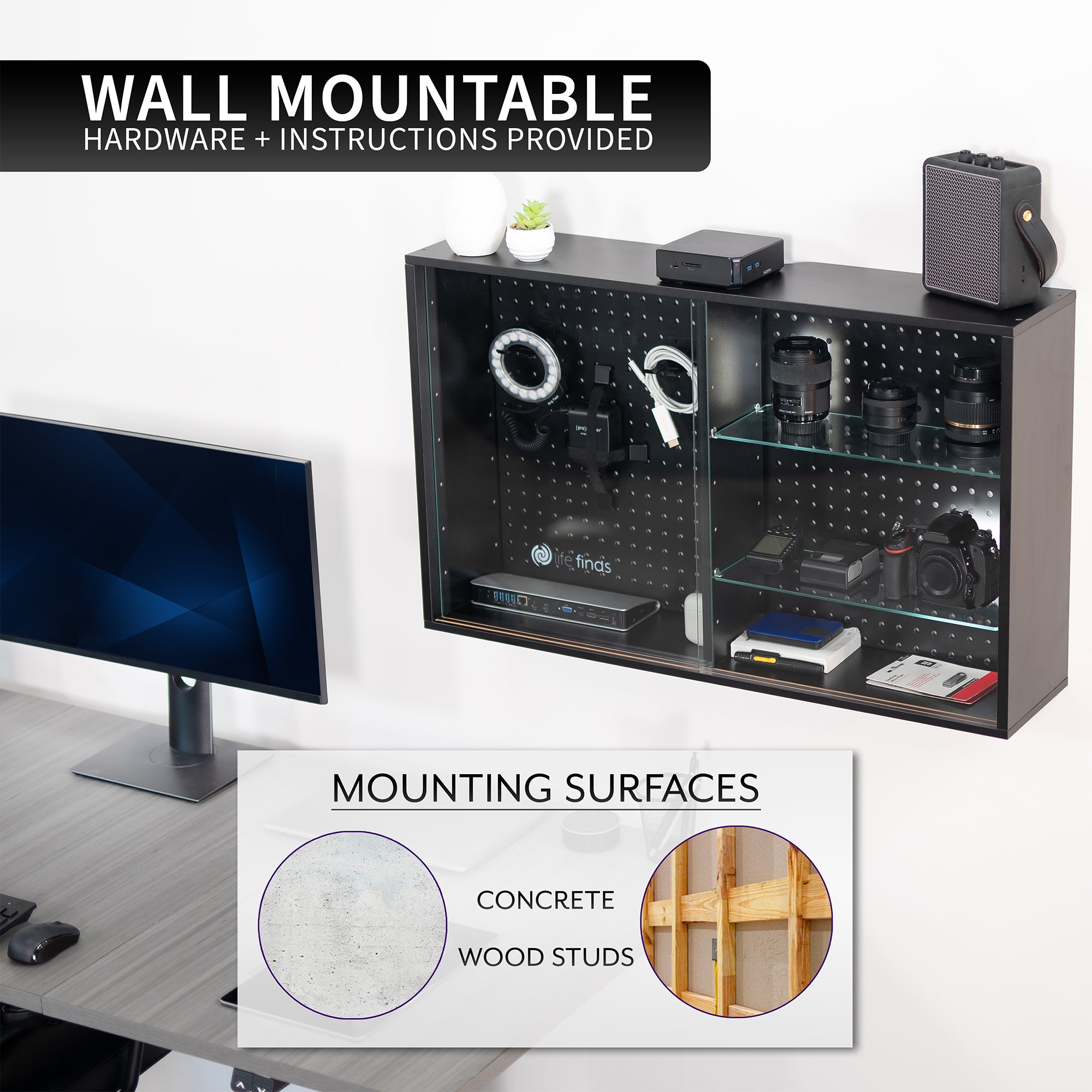 Pegboard cabinet with sliding glass doors for convenient storage and decor. Organization accessories are included and the glass shelves are height adjustable. Use as a freestanding display or wall mount to wood studs, brick, or concrete with hardware and instructions included.