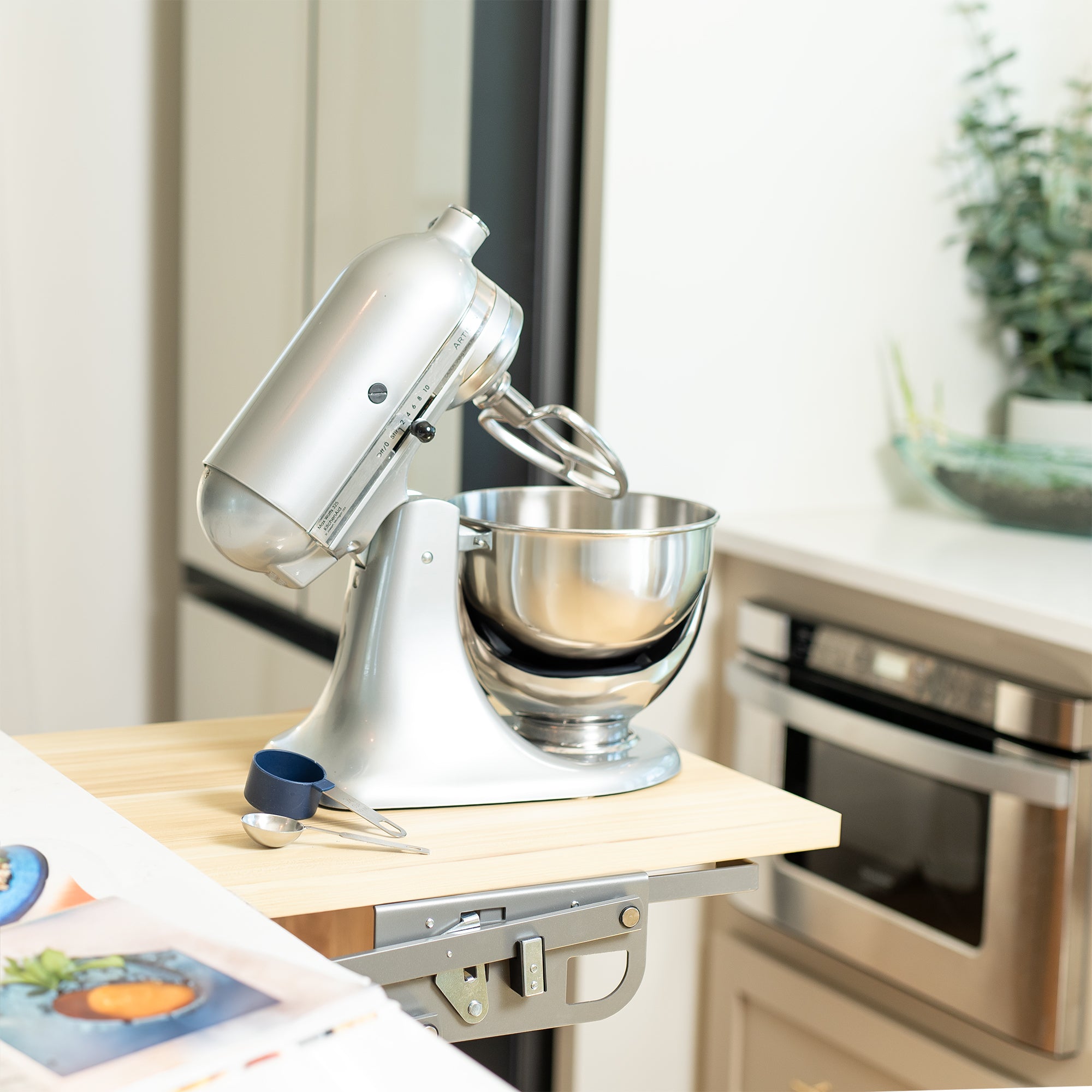 Kitchen appliance lifting brackets for compatible cabinets to save space and allow convenient access and storage for your appliances. (shelf/platform surface not included)