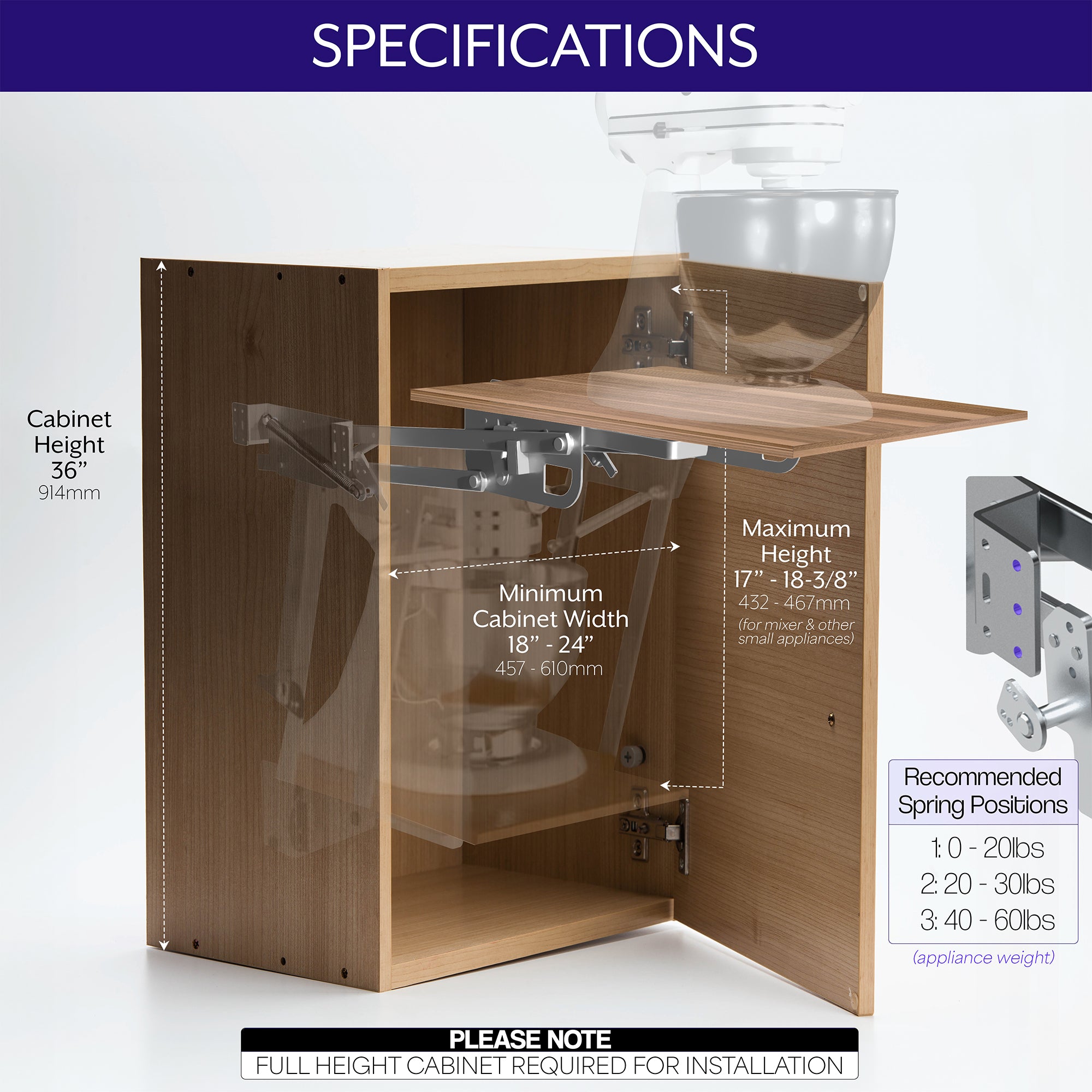 Kitchen appliance lifting brackets for compatible cabinets to save space and allow convenient access and storage for your appliances. (shelf/platform surface not included)