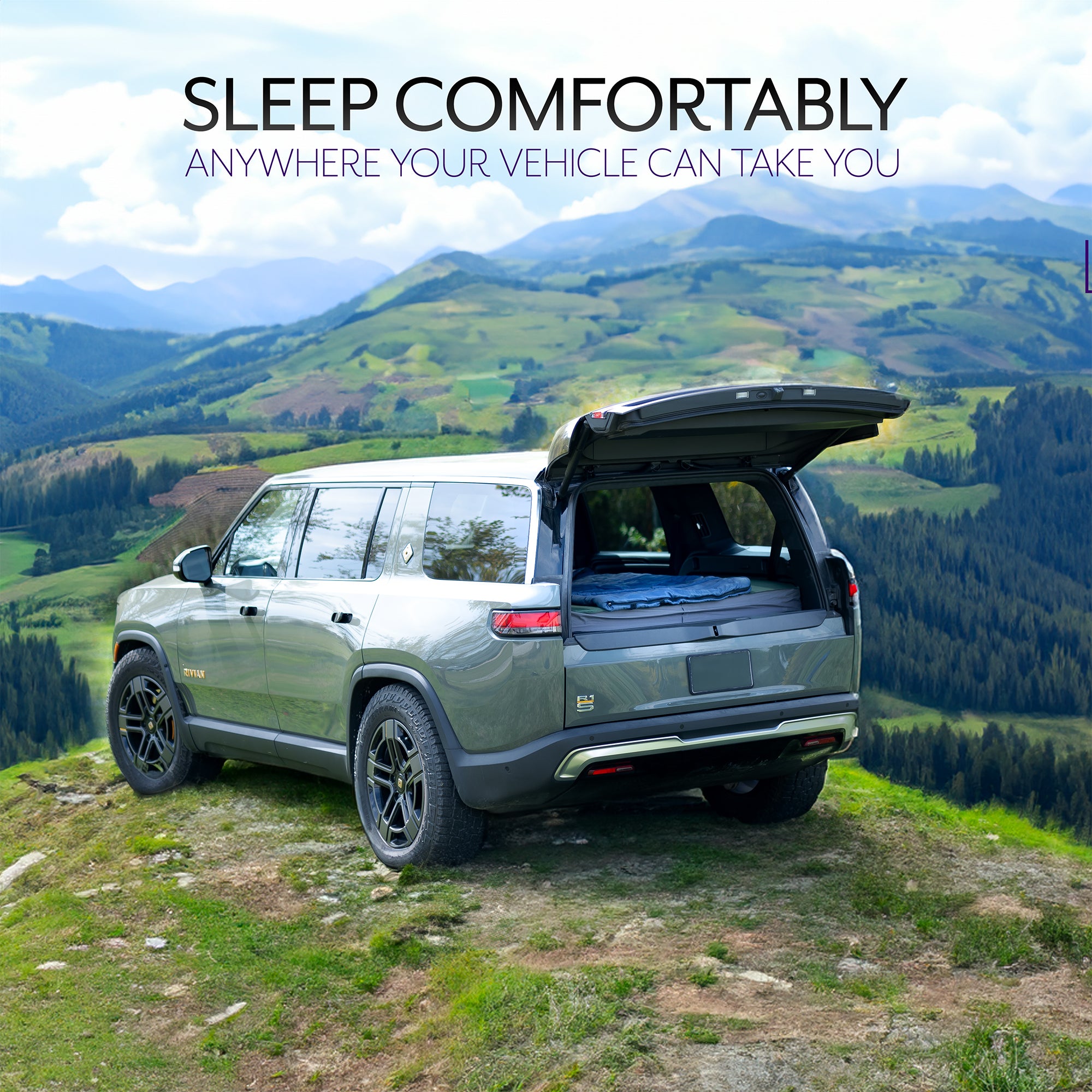 Sleeping platform and storage system designed for all versions of the Rivian R1S. Assemble in minutes and get more space for a wider mattress plus additional storage underneath while still having access to the spare tire well and rear floorboards. Breaks down quickly so you can get back on the road in a flash.