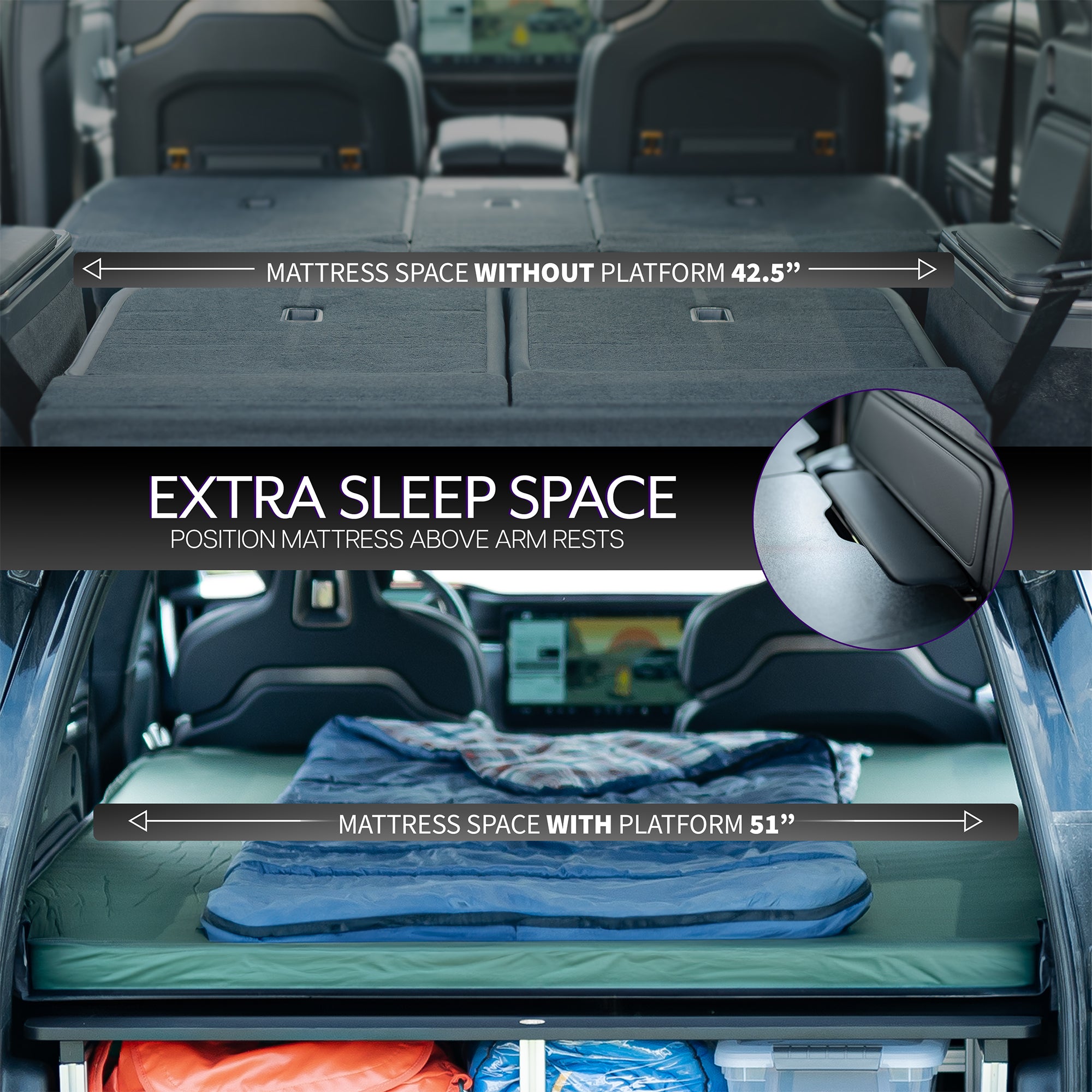 Sleeping platform and storage system designed for all versions of the Rivian R1S. Assemble in minutes and get more space for a wider mattress plus additional storage underneath while still having access to the spare tire well and rear floorboards. Breaks down quickly so you can get back on the road in a flash.