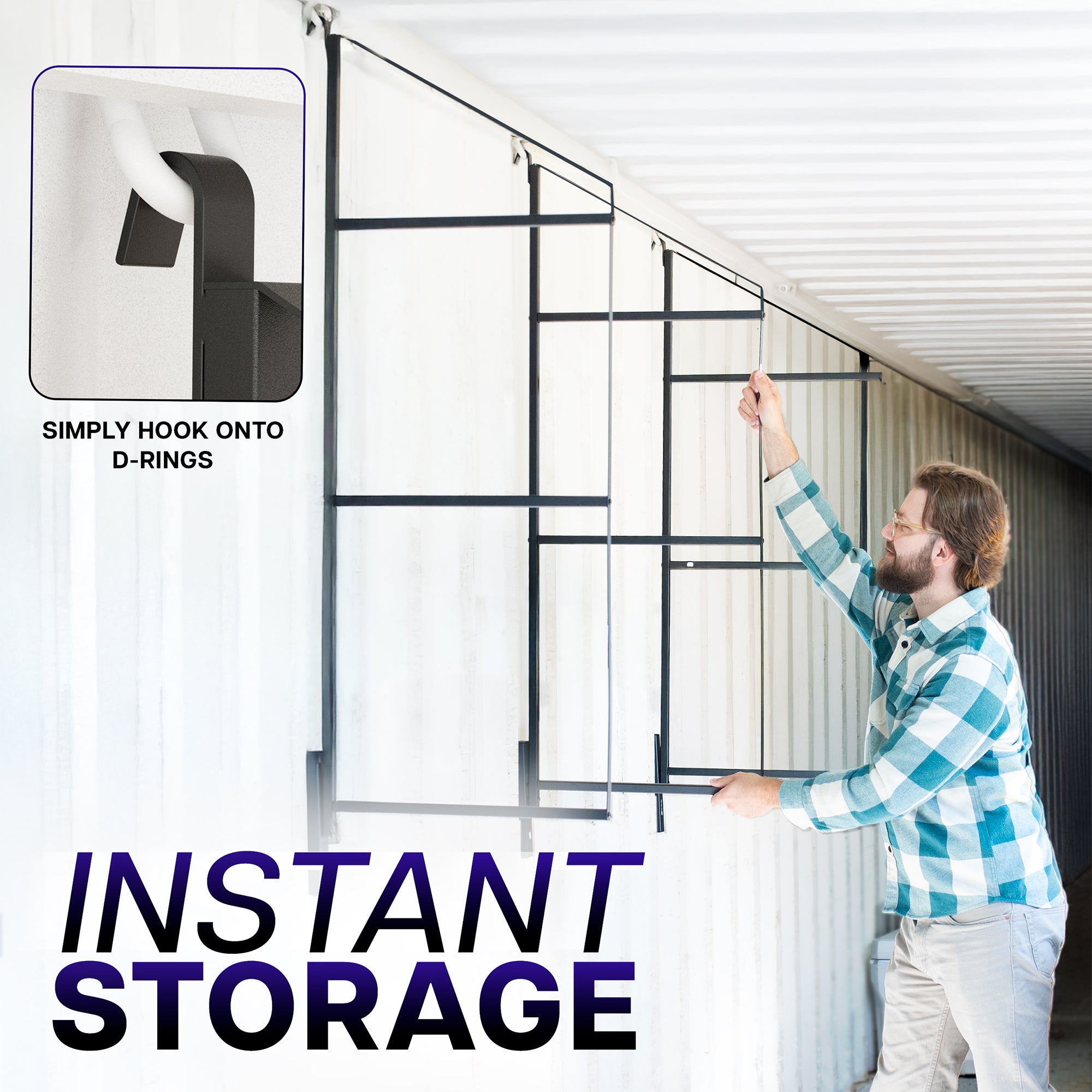 Man installing a metal storage rack on a wall with 'Instant Storage' text and 'Simply Hook Onto D-Rings' label.